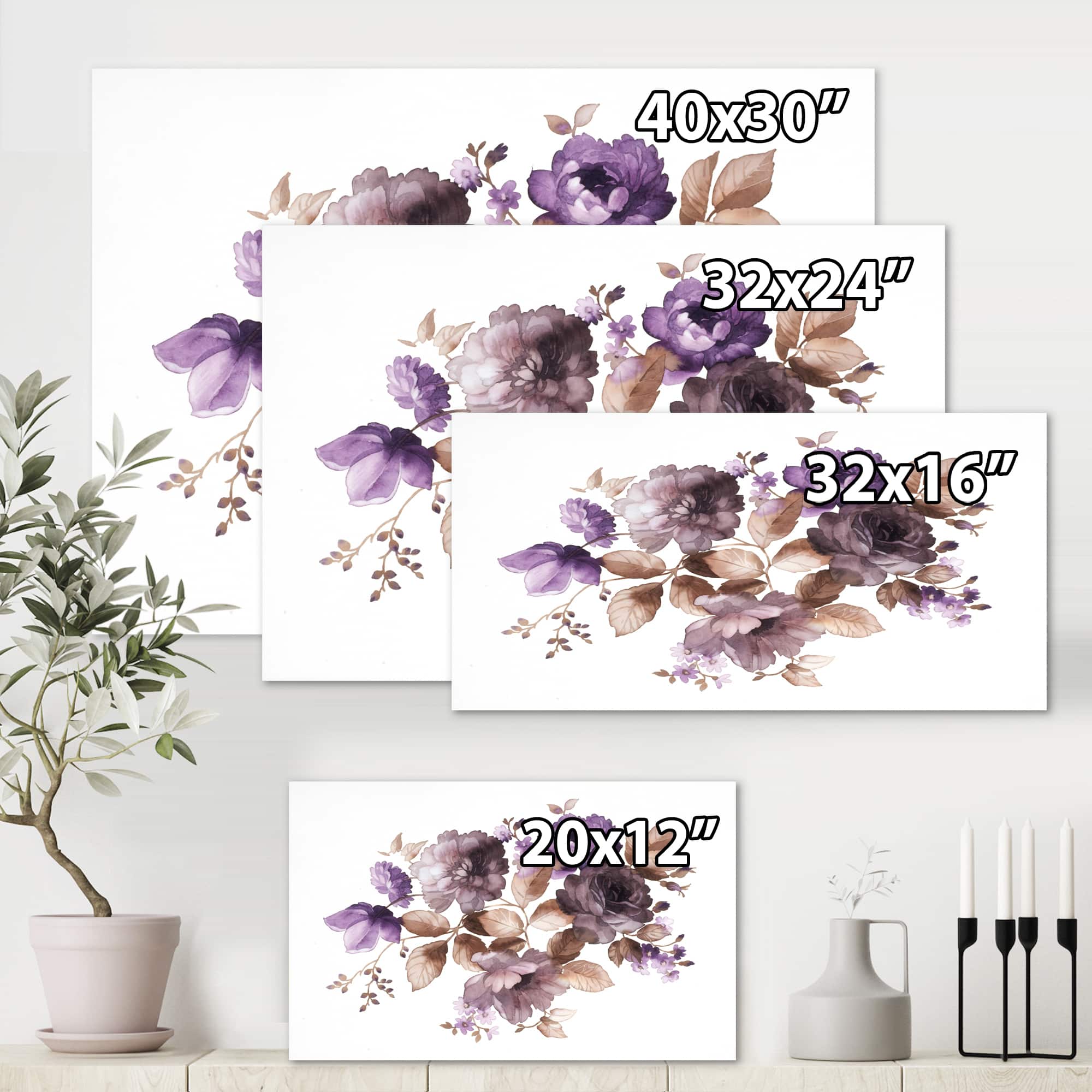 Designart - Purple Retro Flowers With Brown Leaves - Traditional Canvas Wall Art Print