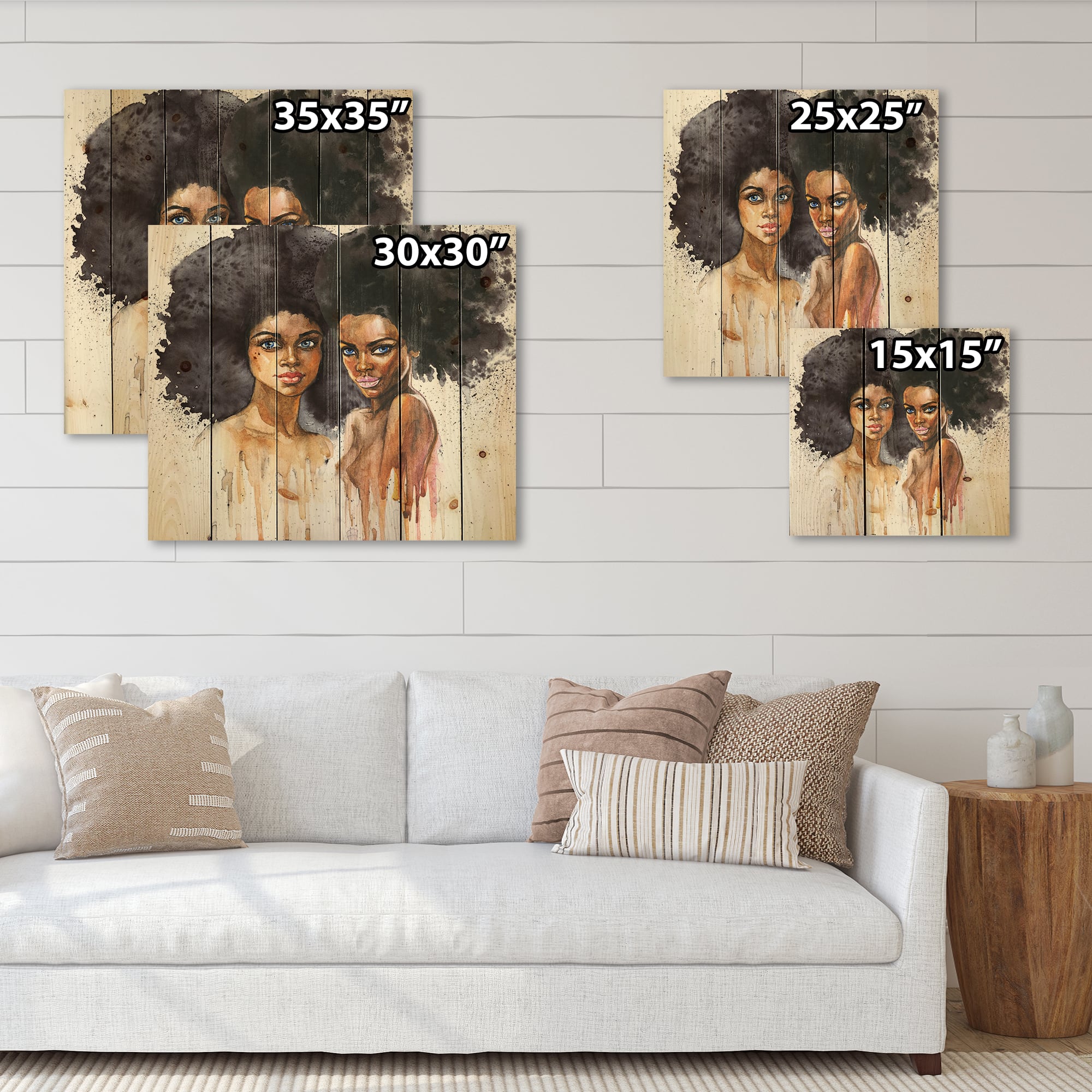 Designart - Portrait of Two Afro American Women - Modern Print on Natural Pine Wood