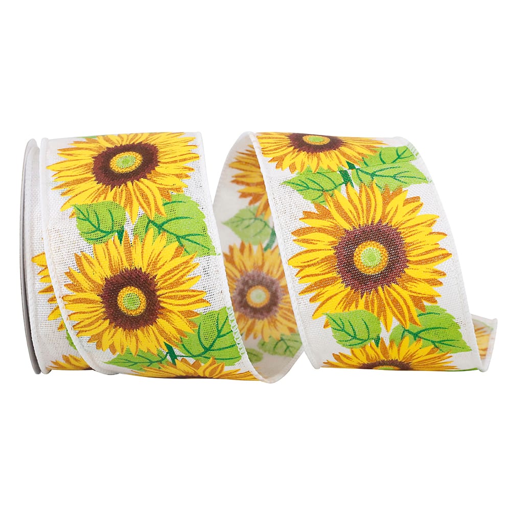 Reliant 2.5" x 10yd. Linen Wired Sunflowers In Line Ribbon