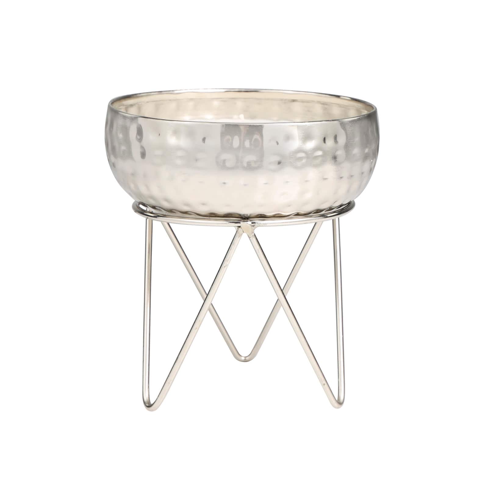 White Wax Campfire Scented Candle with Hammered Silver Container and Tripod Stand