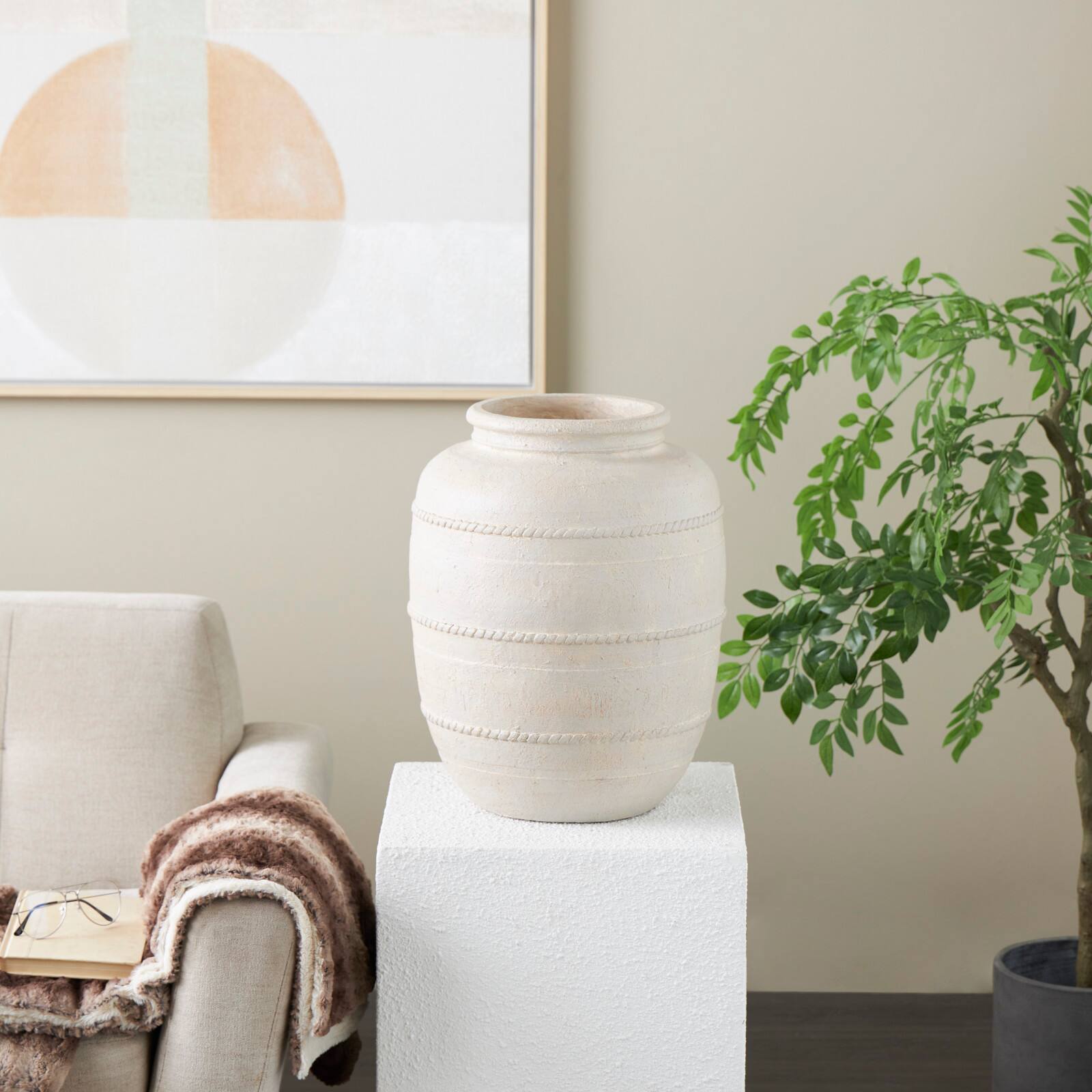 18" Cream Distressed Stone Vase with Raised Braided Accents