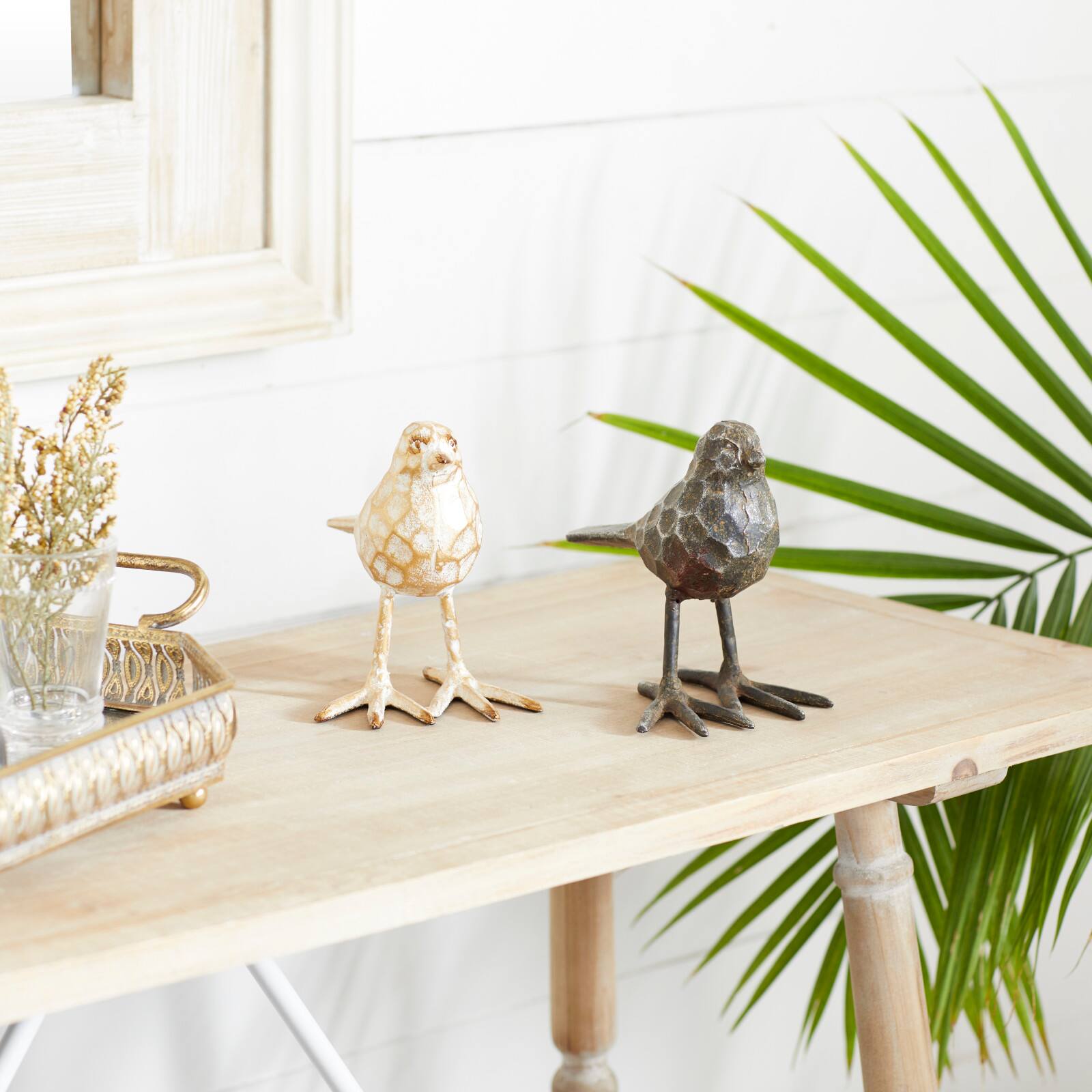 Set of 2 Gold Metal Farmhouse Bird Sculpture, 5" x 6"