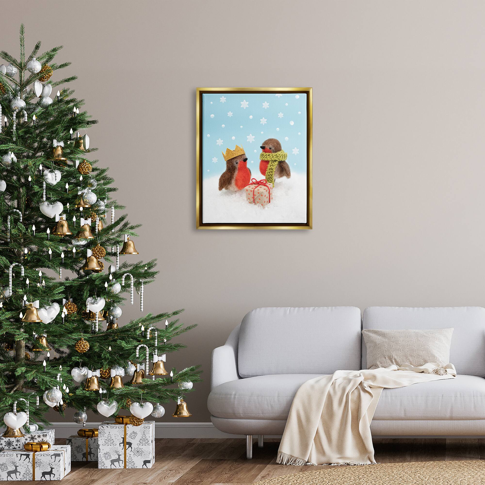 Stupell Industries Birds Gift Giving Christmas Snow Framed Floater Canvas Wall Art