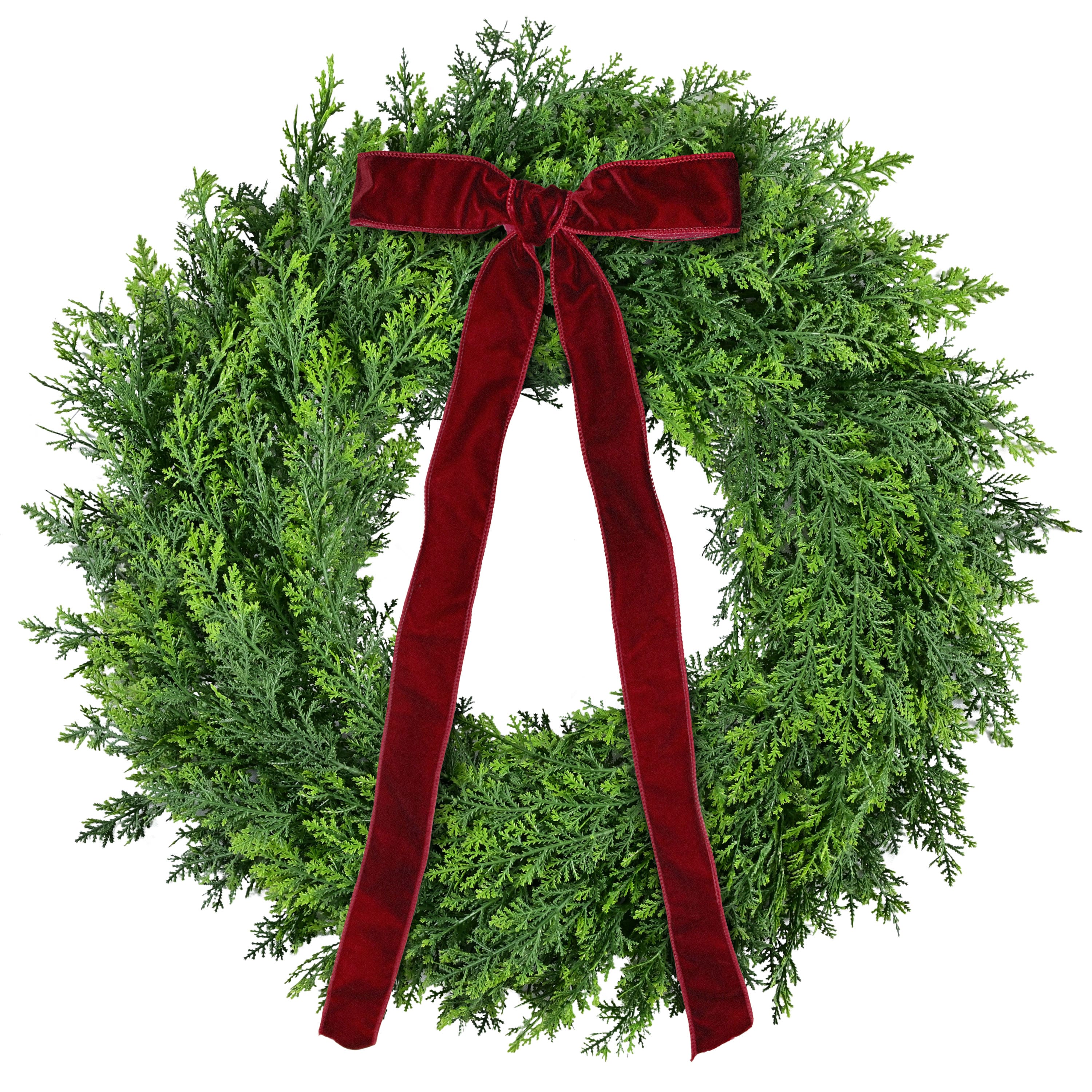 Puleo International 24" Unlit Green Polyethylene Spruce with Red Velvet Bow Artificial Wreath
