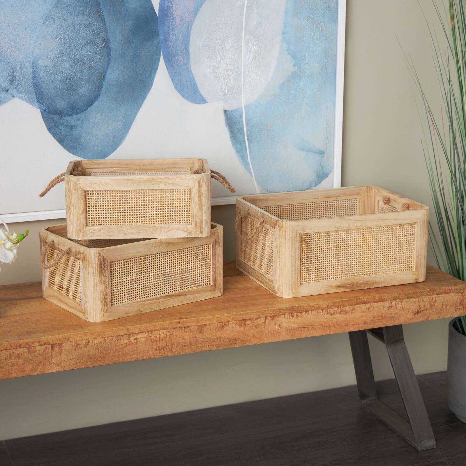 Light Brown Rattan Woven Basket with Rope Handles