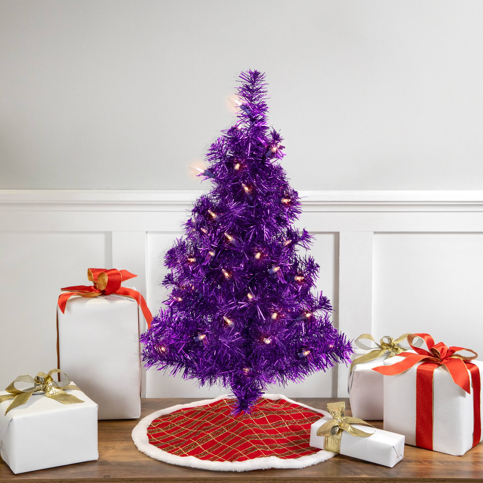 2ft. Pre-Lit Iridescent Purple Tinsel Pine Artificial Christmas Tree, Warm White Lights