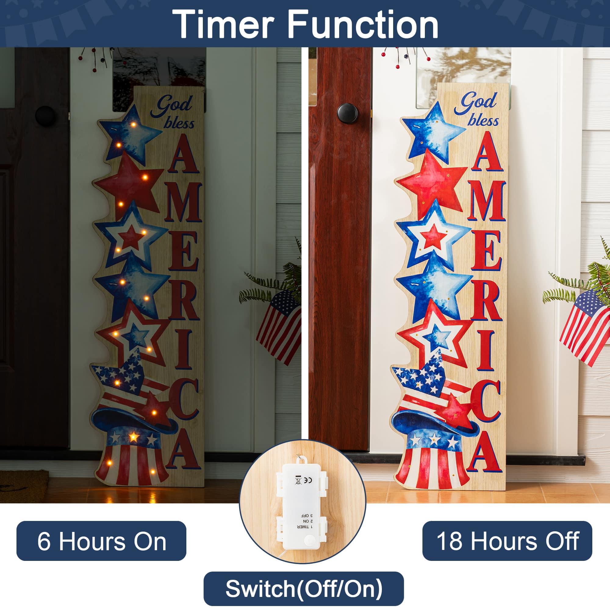 Glitzhome® 42" Lighted Patriotic Americana Wooden Stacked Stars Porch Sign with Timer