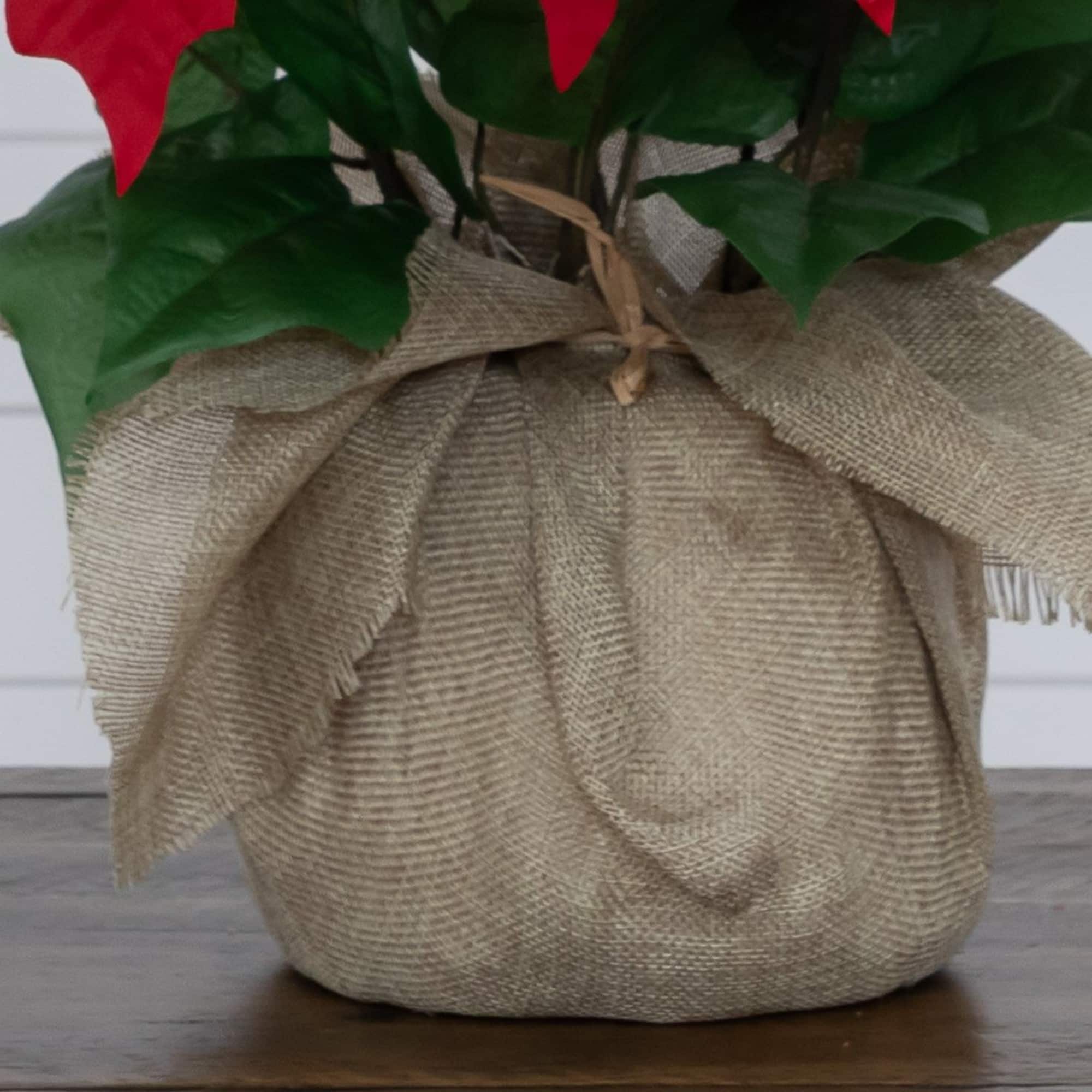 Nearly Natural 16.5" Artificial Poinsettia Arrangement in Burlap Planter
