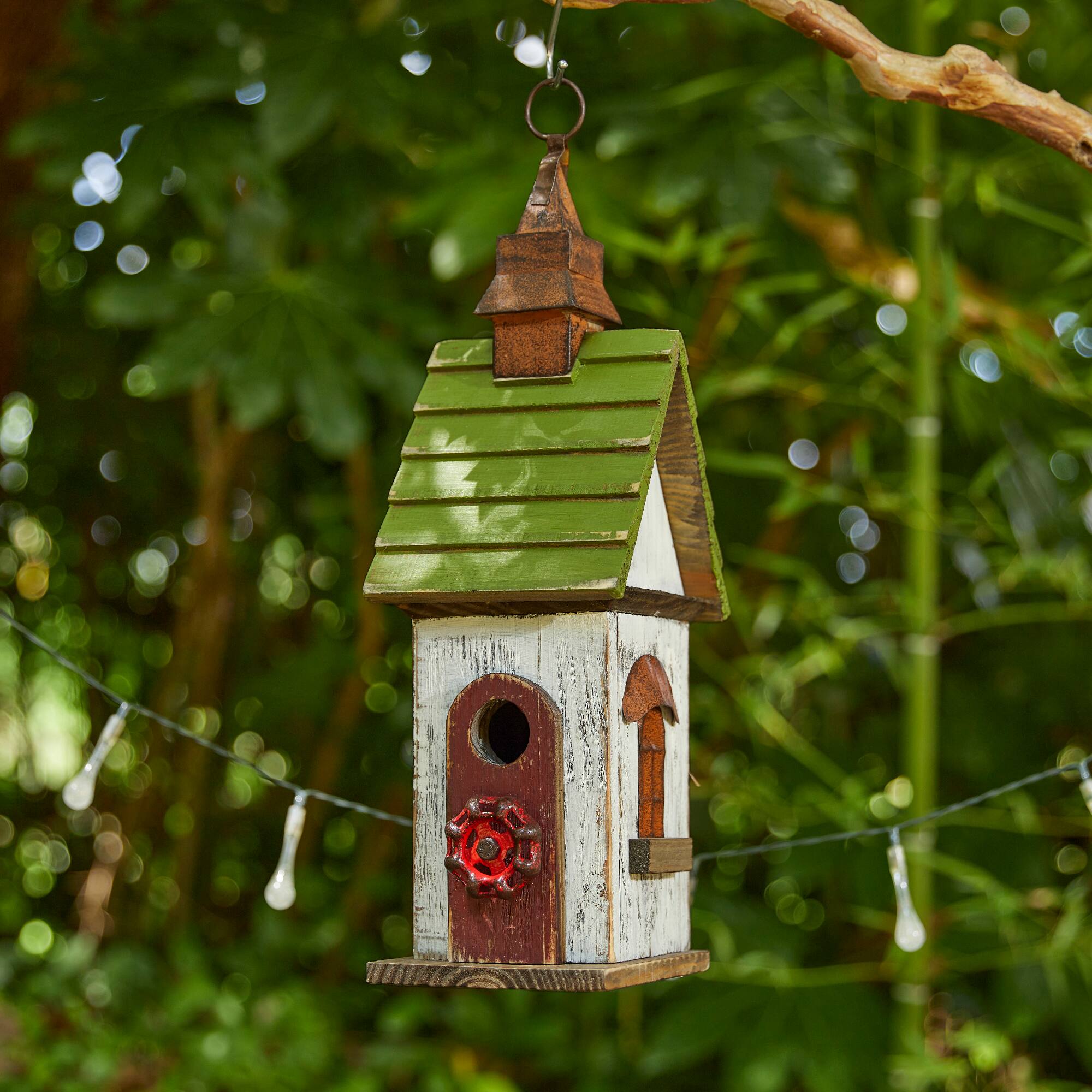 Glitzhome® 15.75" White & Green Distressed Wood Birdhouse
