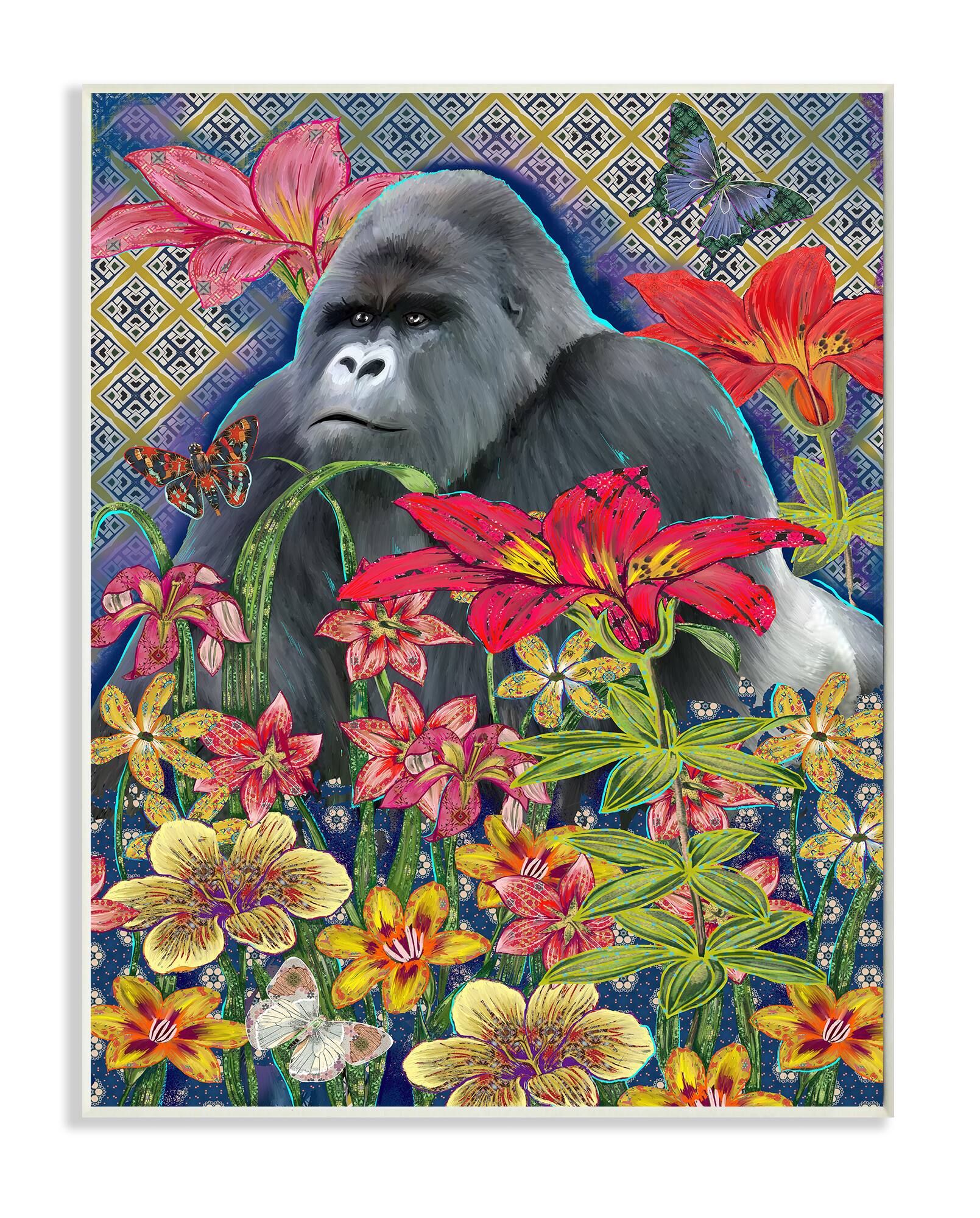 Stupell Industries Gorilla Standing Behind Tropical Florals Geometric Pattern Wall Plaque