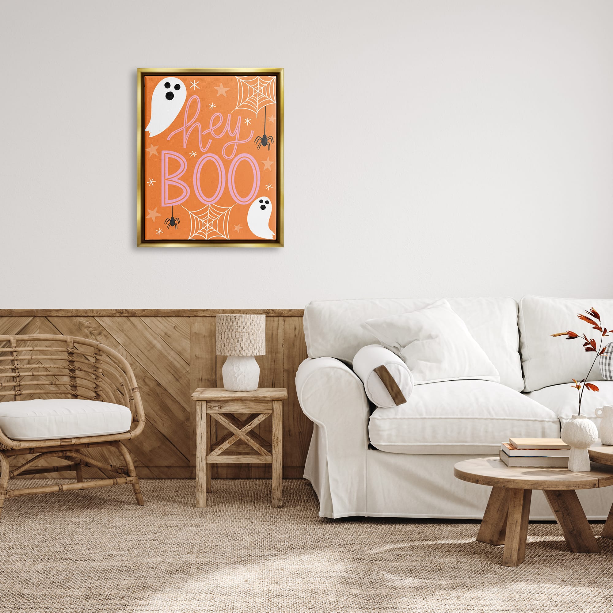 Stupell Industries Hey Boo Orange Halloween Ghosts Framed Floater Canvas Wall Art