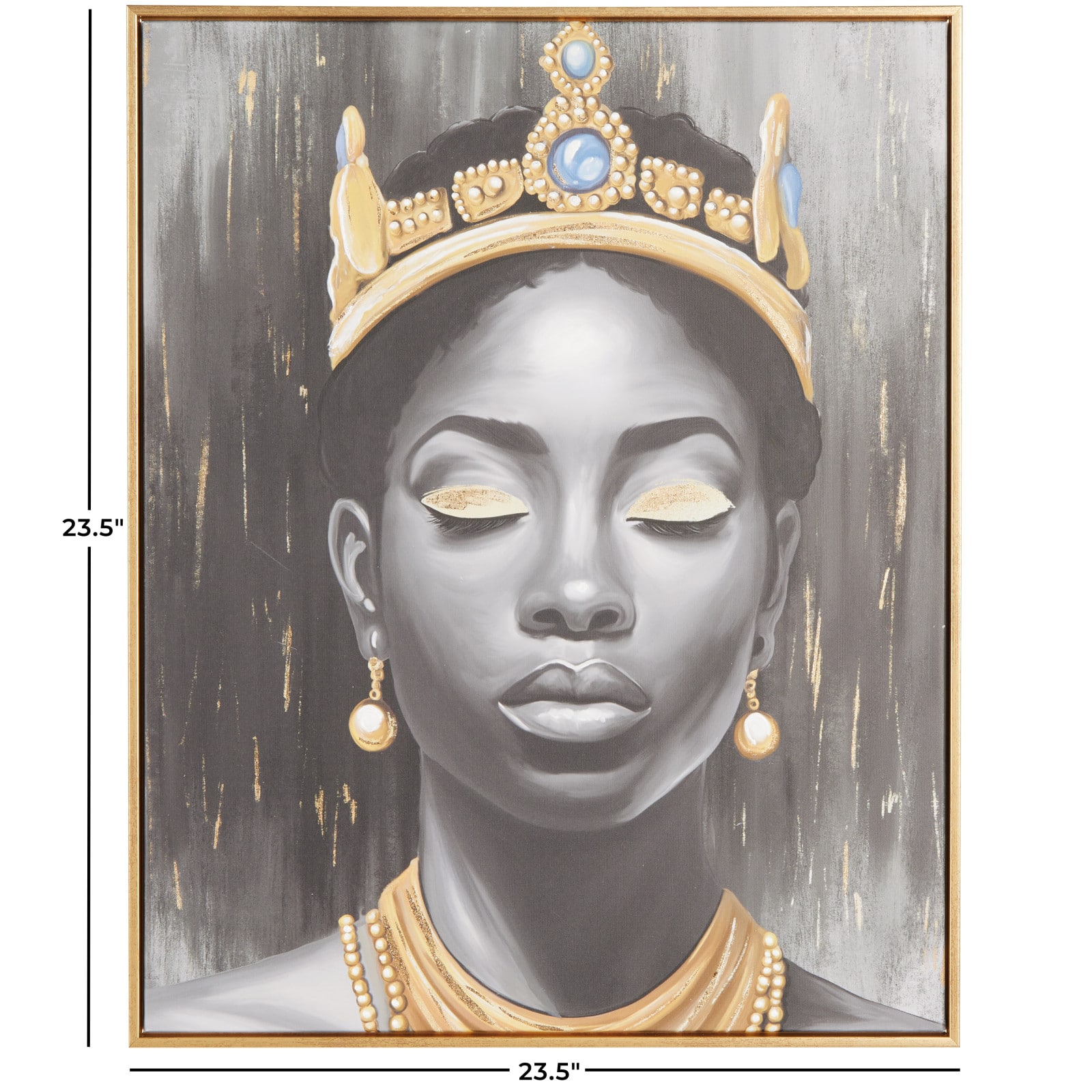 24" x 2" x 24" Black Canvas Woman Shaded Living Room Framed Wall Art with Blue Crown and Gold Foil Accents