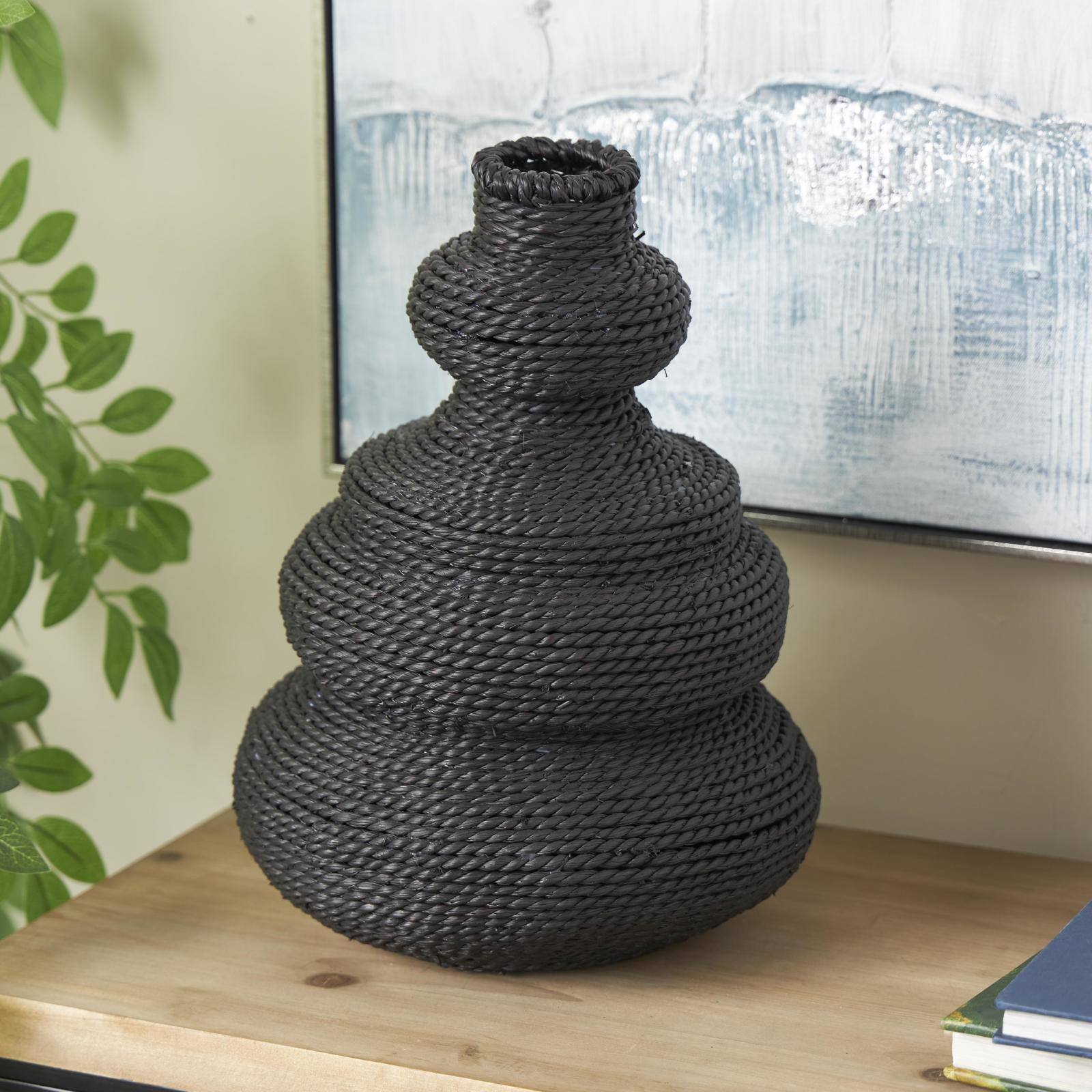 14" Black Seagrass Handmade Woven Bubble Decorative Vase with Abstract Bubble Shape