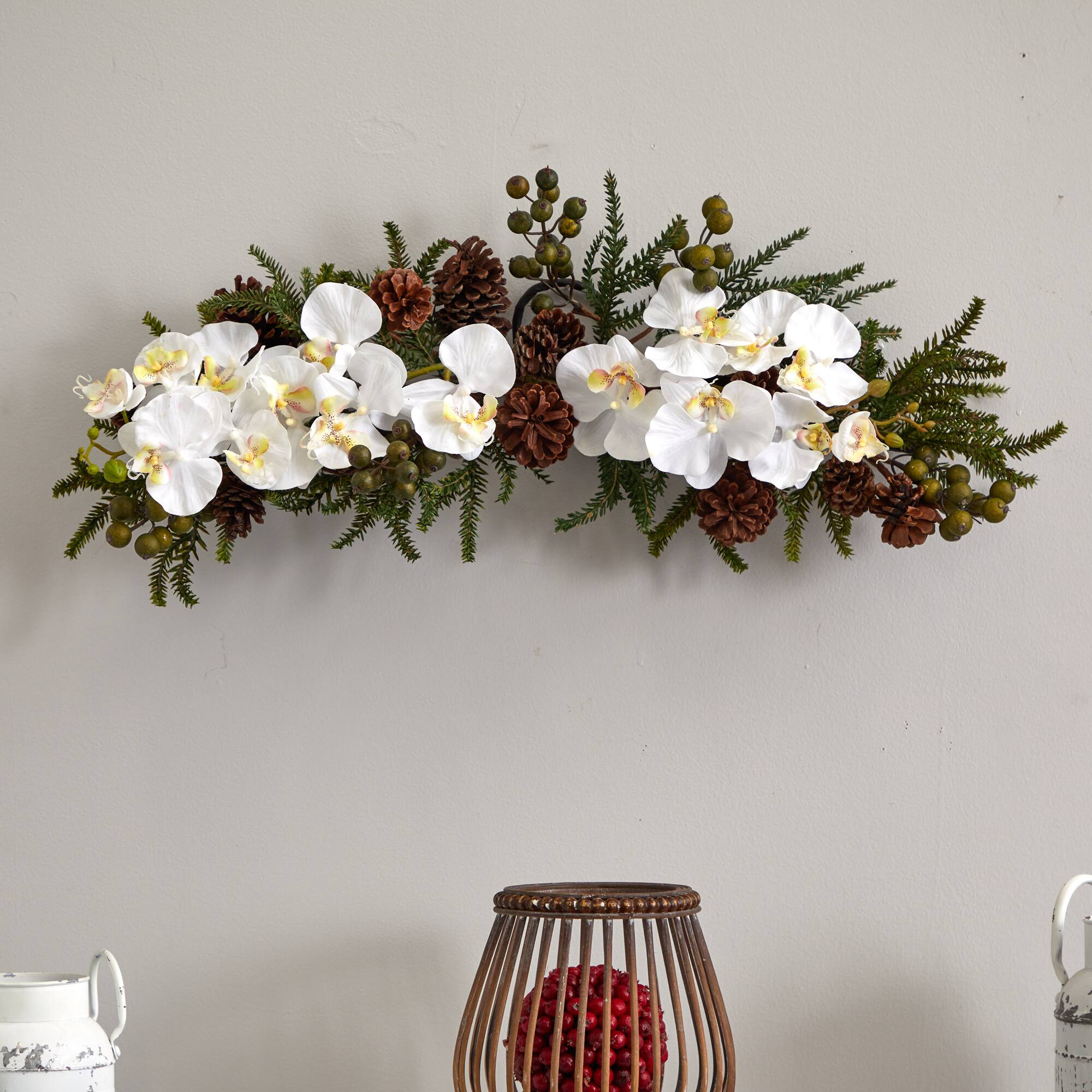 30" White Orchid & Pine Swag