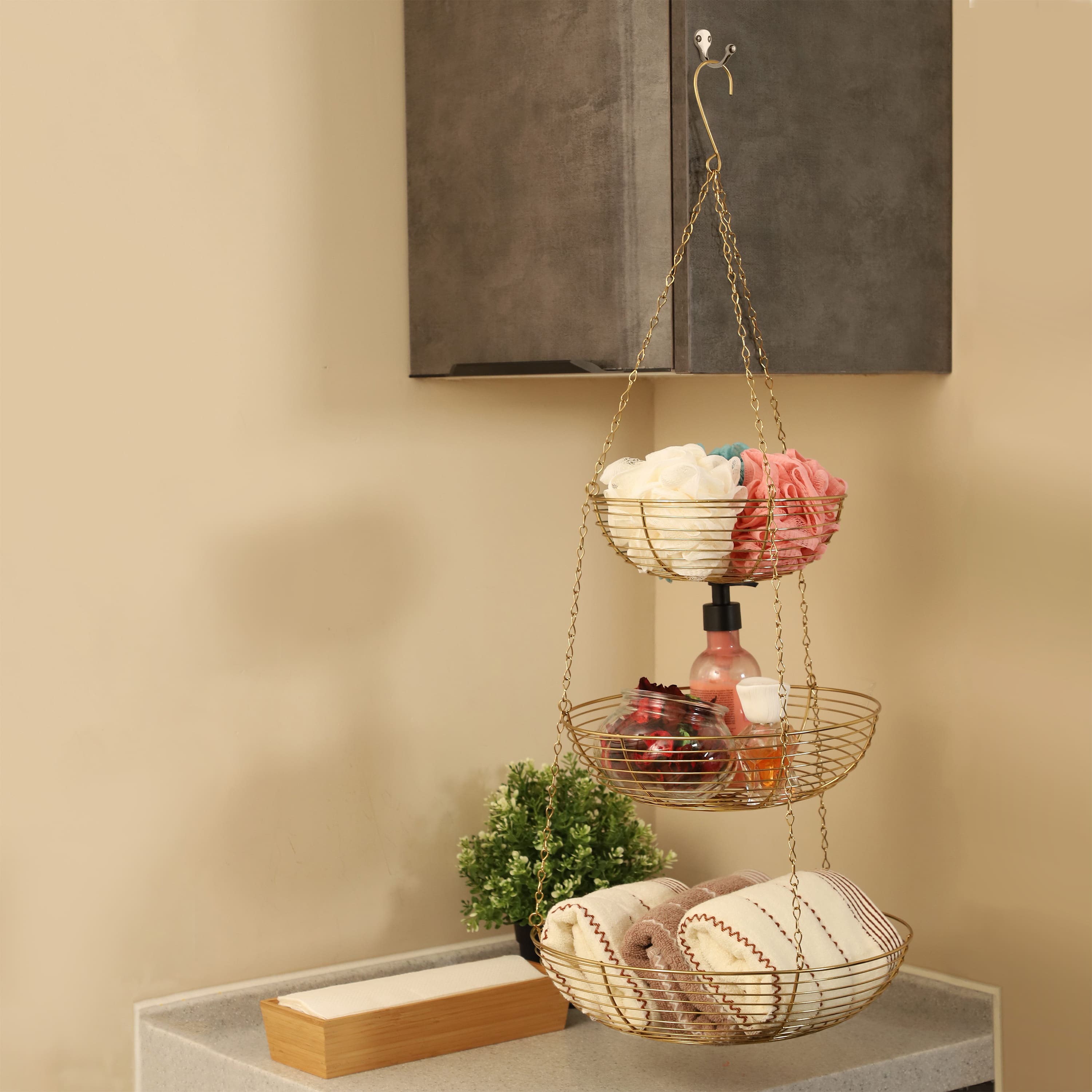 6 Pack: 12" Gold & Copper 3-Tier Hanging Metal Basket