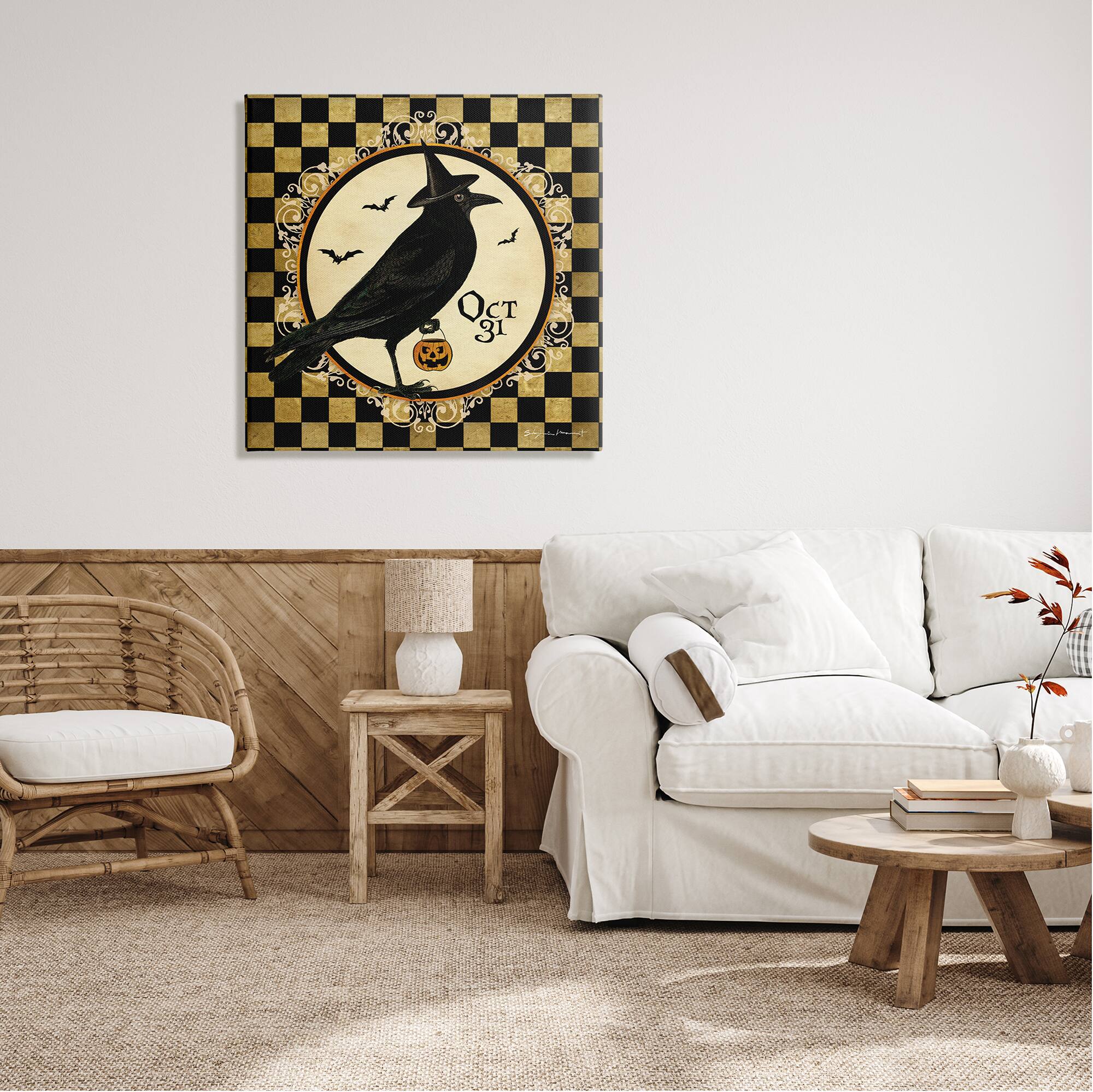 Stupell Industries Oct 31 Checkered Halloween Crow Canvas Wall Art