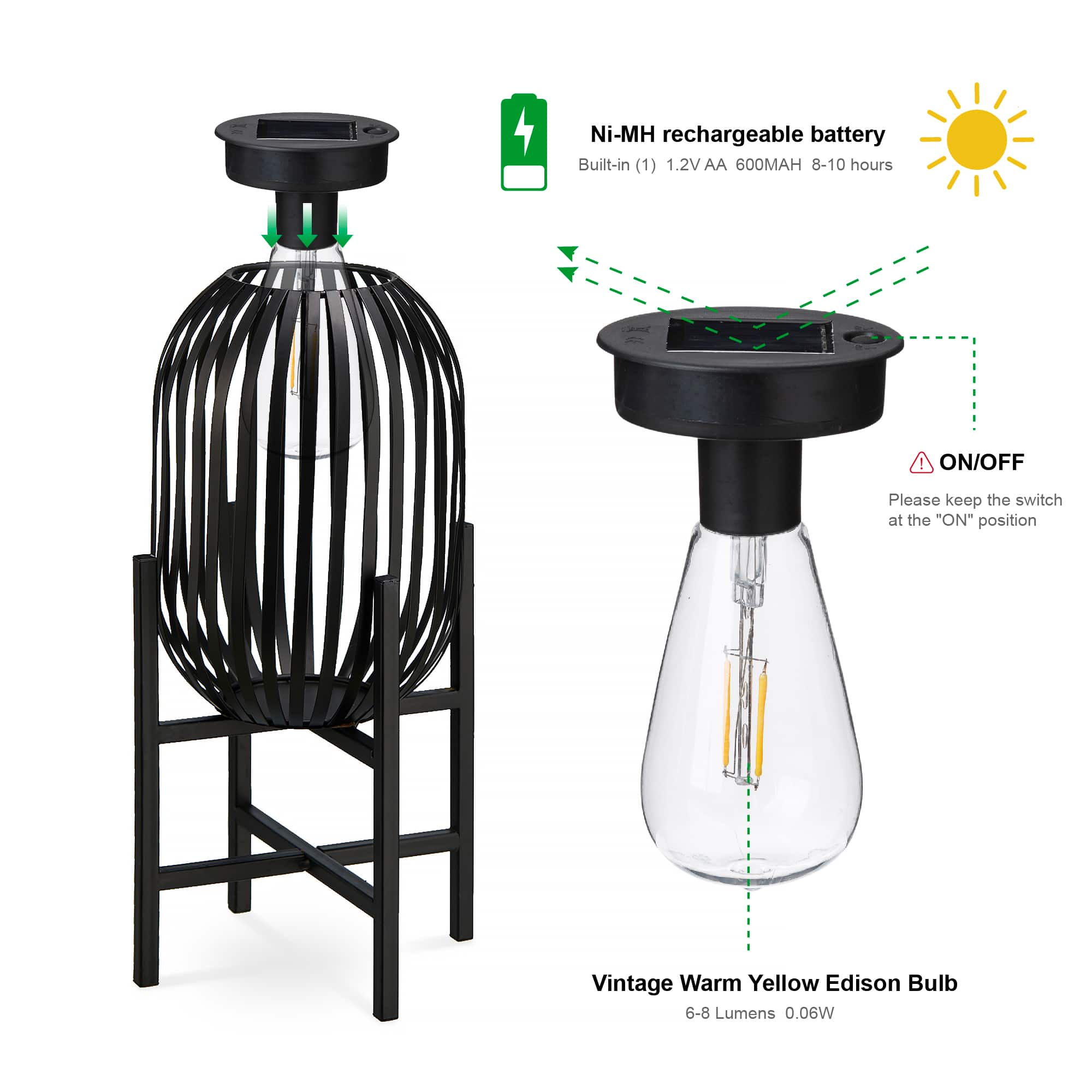 Glitzhome® 14.25" Black Slim Metal Stripes Solar Powered Edison Bulb Outdoor Lantern, 2ct.