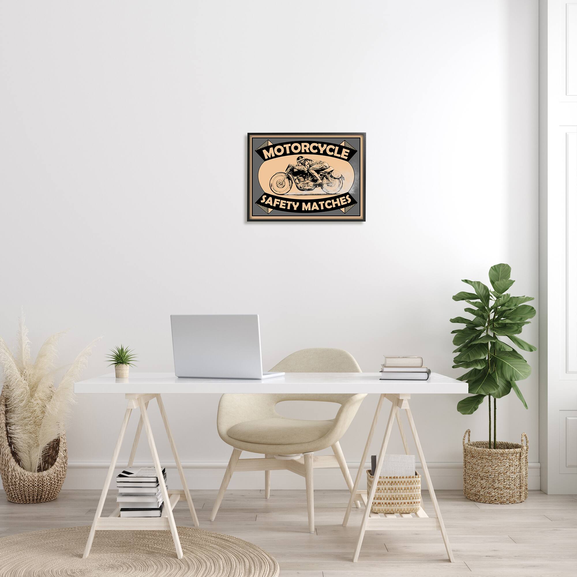 Stupell Industries Motorcycle Safety Matches Grey Tan Bike Rider in Frame Wall Art