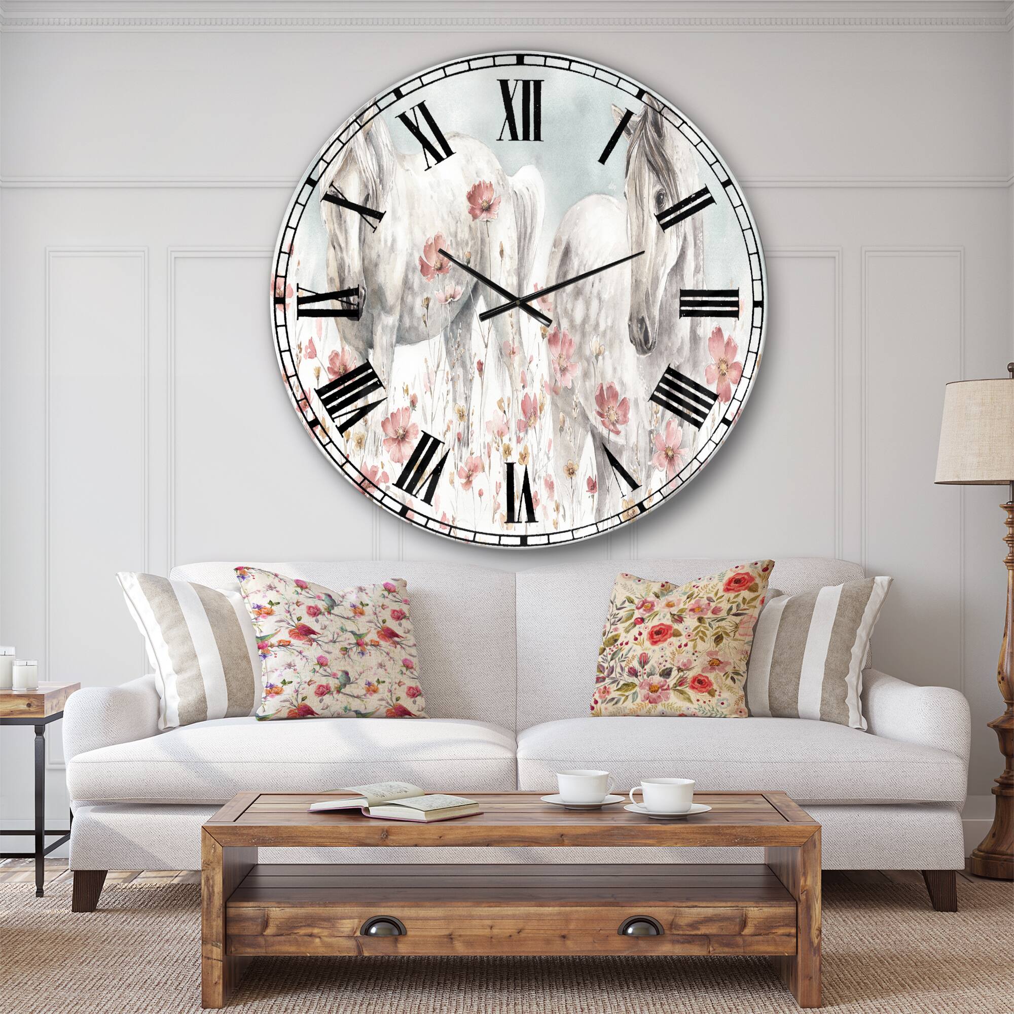 Designart 'Watercolors Pink Wild Horses Traditional Wall Clock