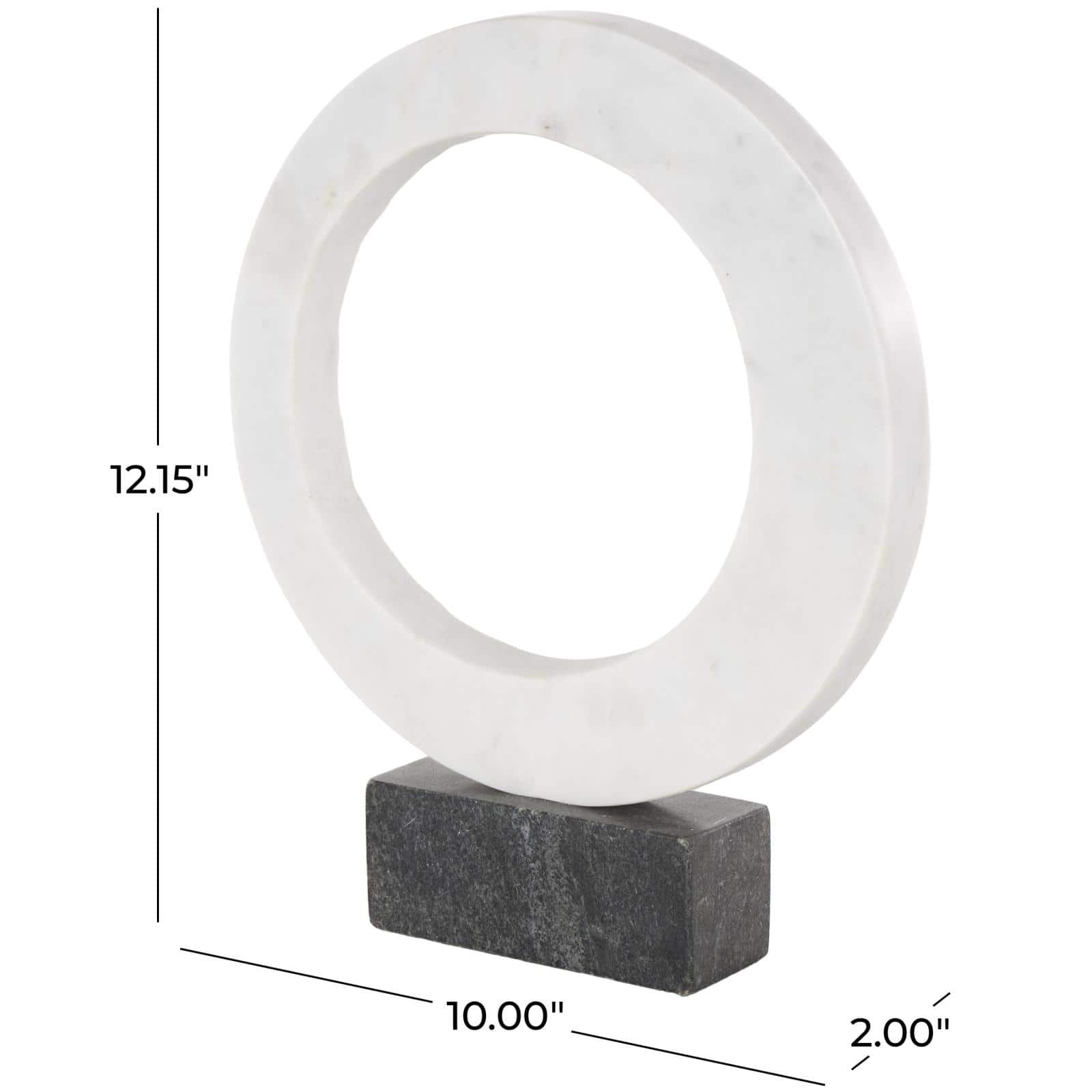 12.25" White Marble Geometric Open Ring Sculpture with Black Block Base