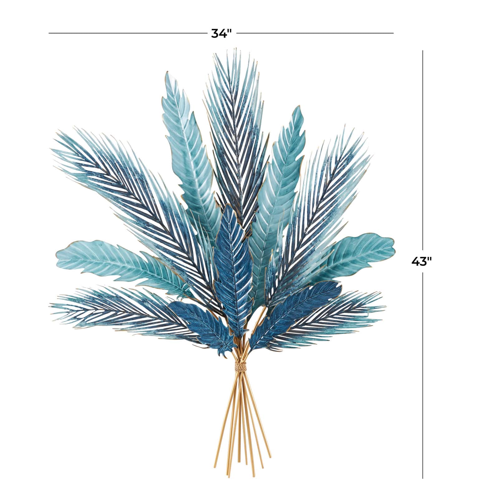 Blue Metal Leaf Bundle Wall Dècor with Gold Stems