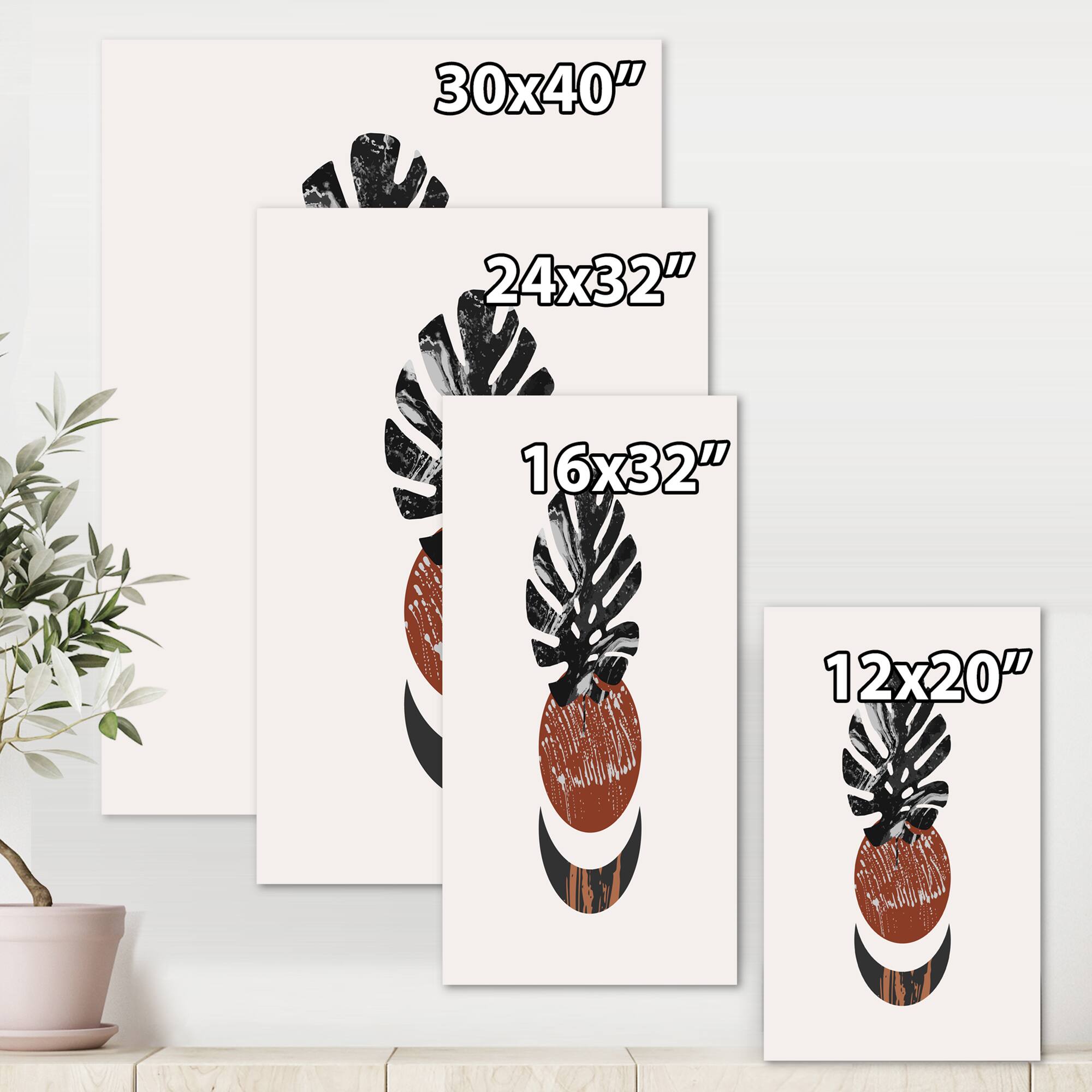 Designart - Abstact Minimal Sun, Moon & Tropical Palm Leaf II - Modern Canvas Wall Art Print