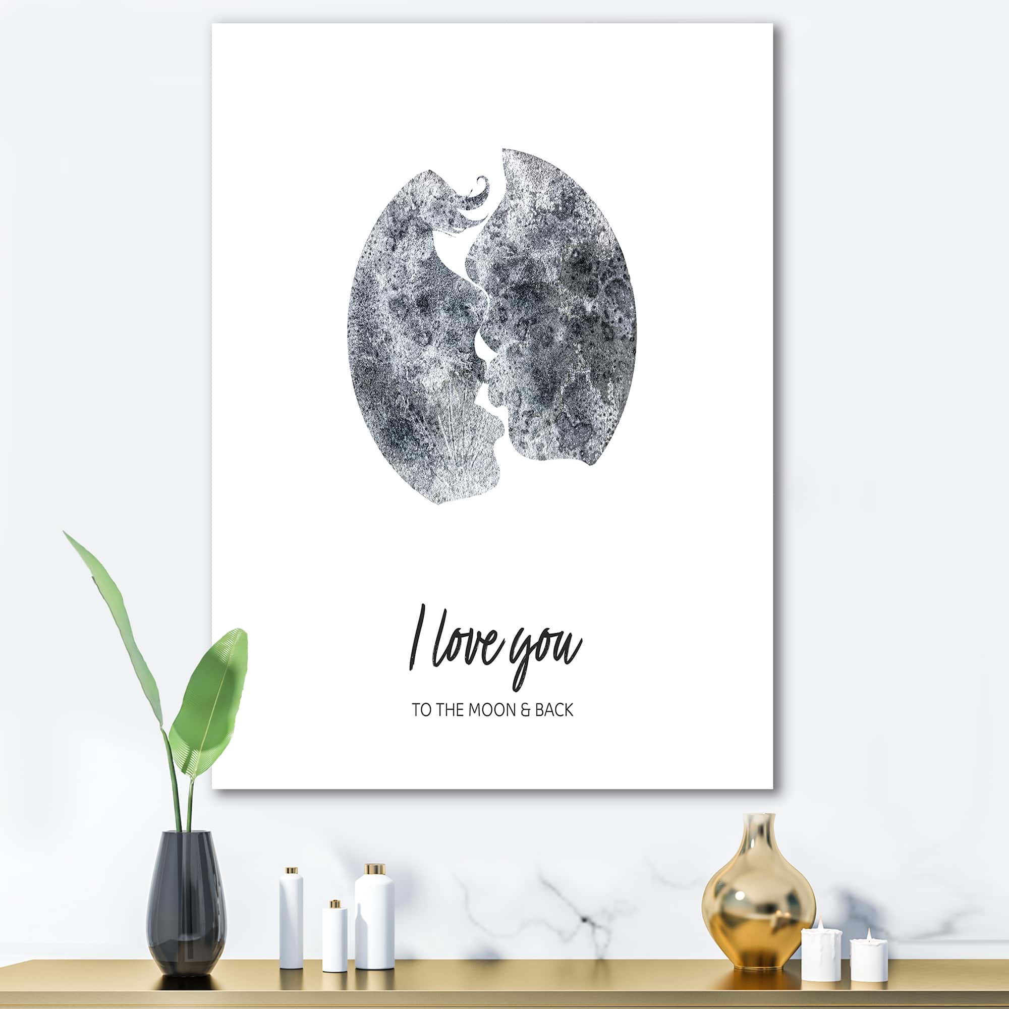 Designart - Romantic Moon Kiss of Two Lovers - Modern Canvas Wall Art Print