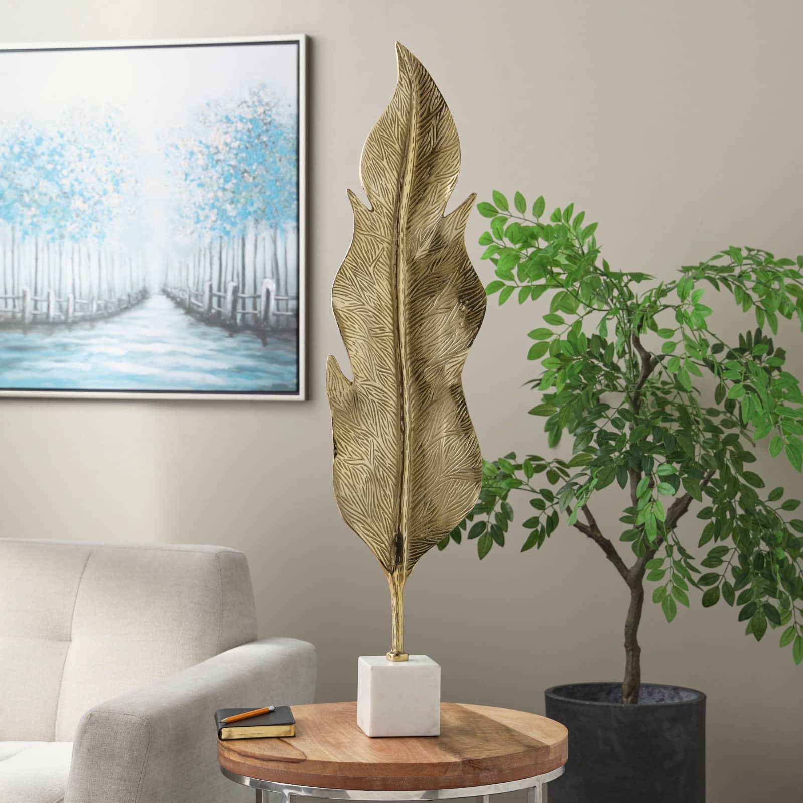 39.75" Gold Aluminum Leaf Textured Sculpture with White Marble Base