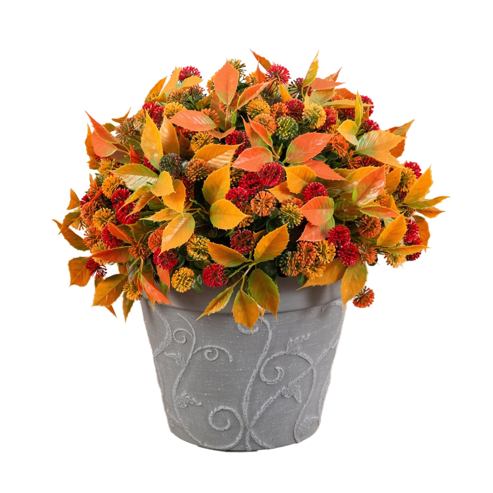 15.5" UV Resistant Autumn Artificial Mixed Fall Mum in Decorative Gray Planter