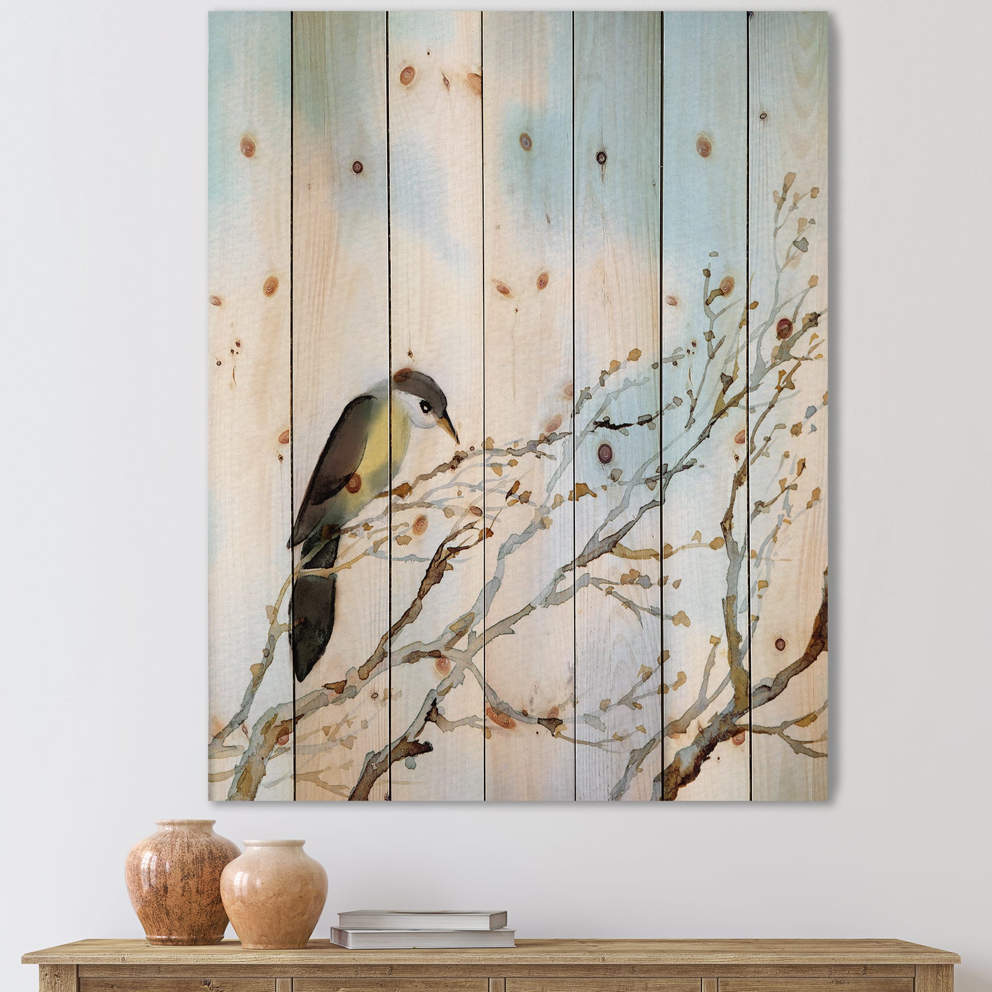 Designart - Bird On Old Bare Tree With Blue Cloudy Sky - Traditional Print on Natural Pine Wood