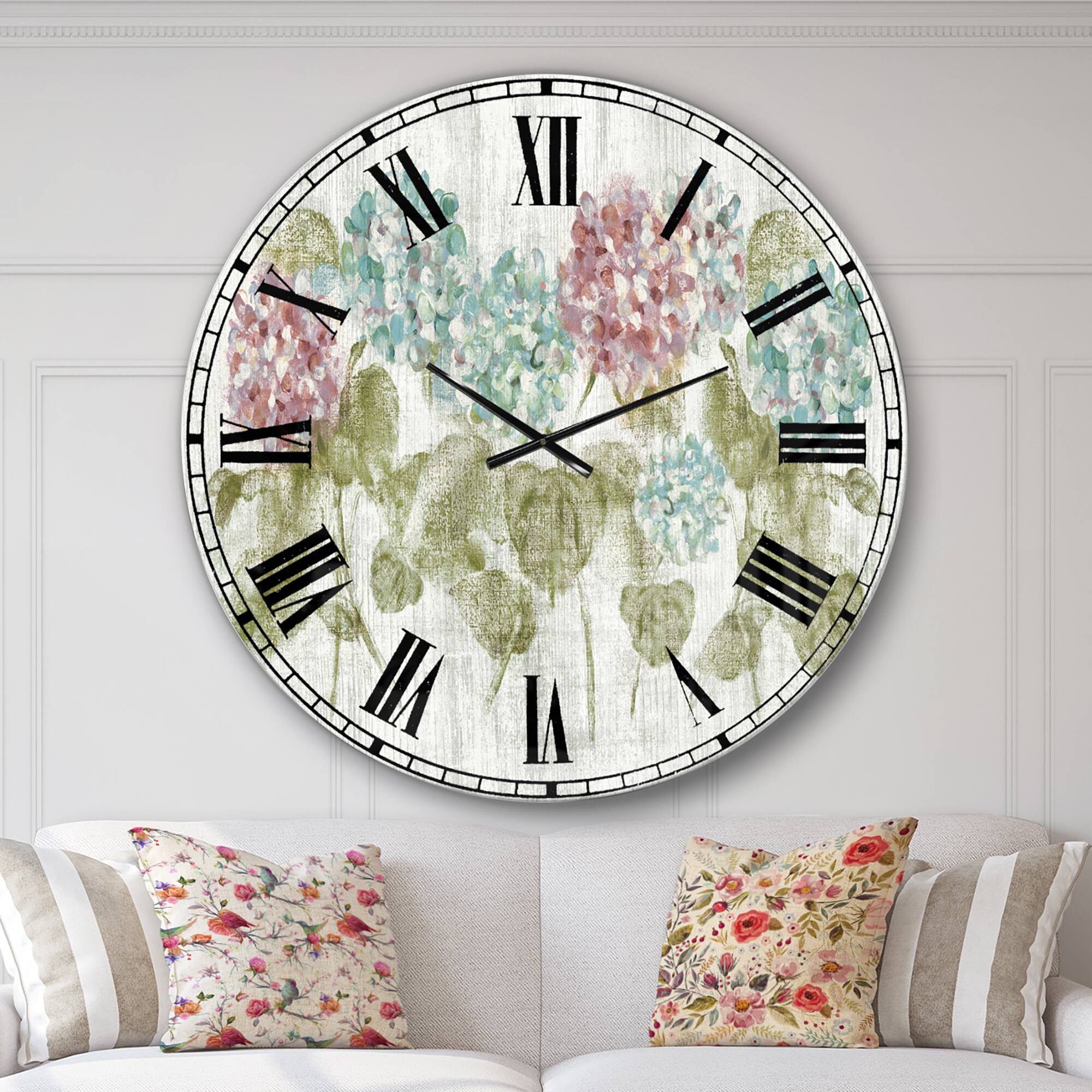 Designart 'Red And Blue Vibrant Hydrangea Flowers Farmhouse Wall Clock