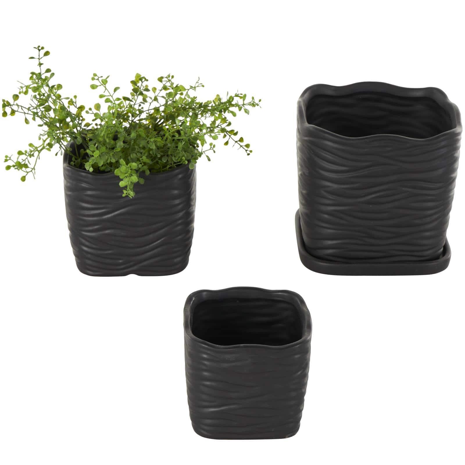Black Wavy Ribbed Ceramic Planter Set