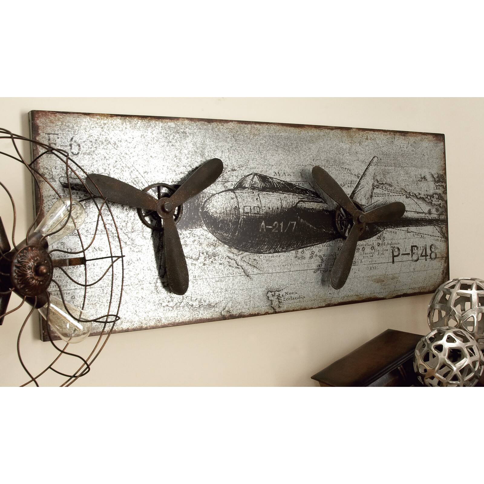 46" Silver Metal Airplane Industrial Wall Décor