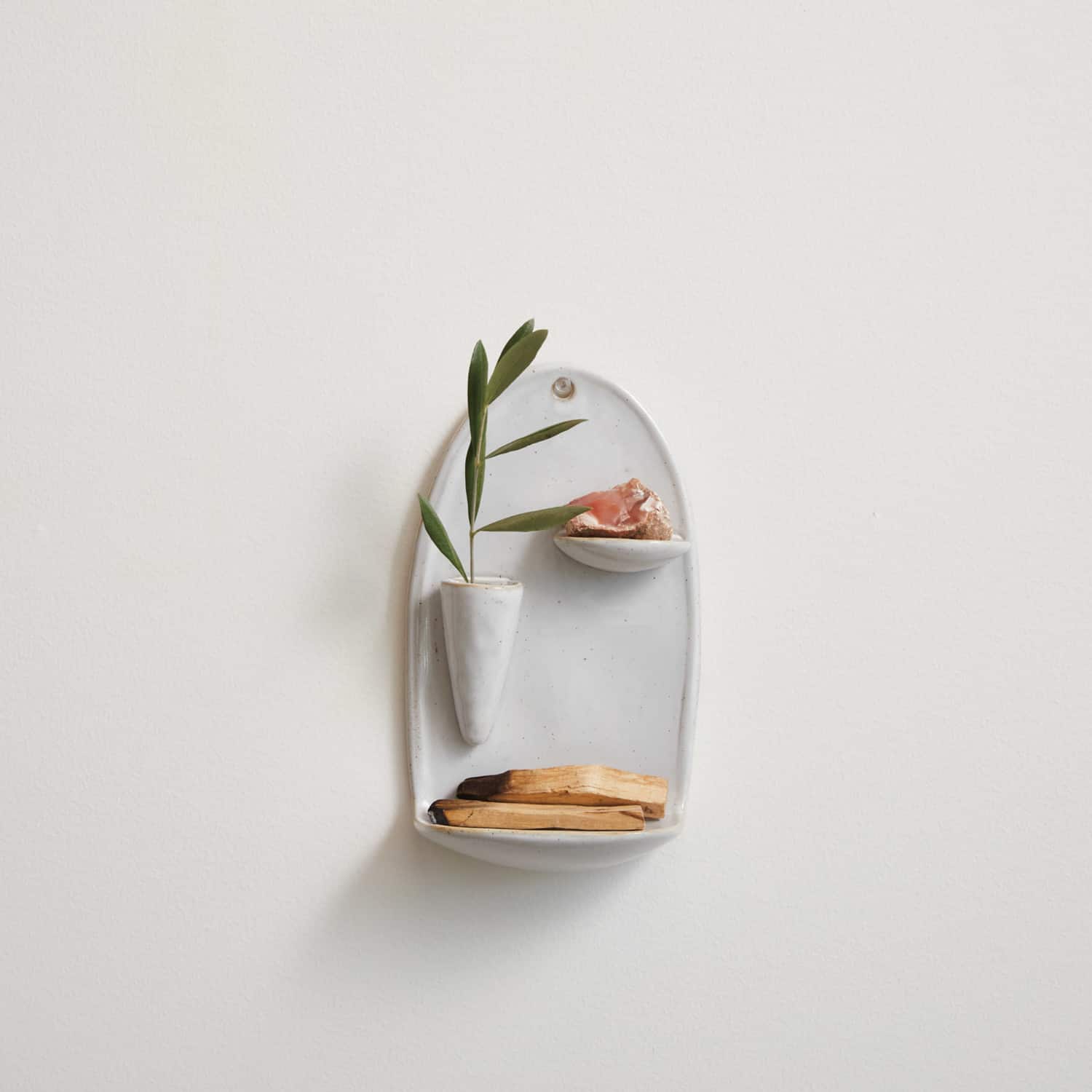 Hello Honey® 9" White Stoneware Wall Vase with 2 Shelves & Reactive Glaze