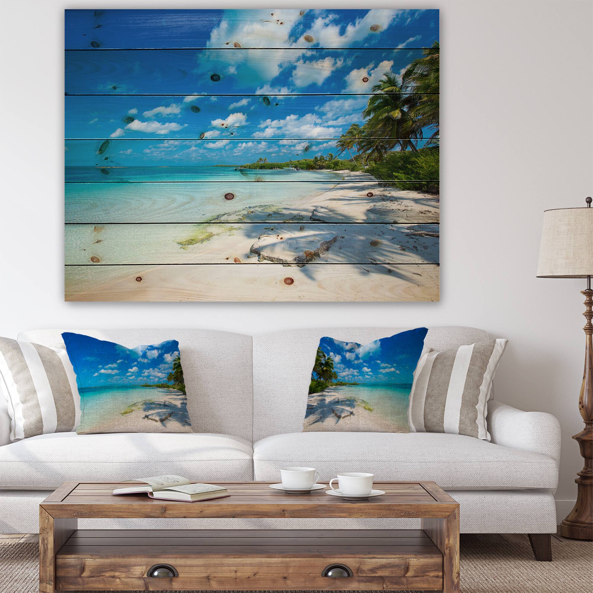 Designart - Tropical Beach with Palm Shadows - Seashore Print on Natural Pine Wood