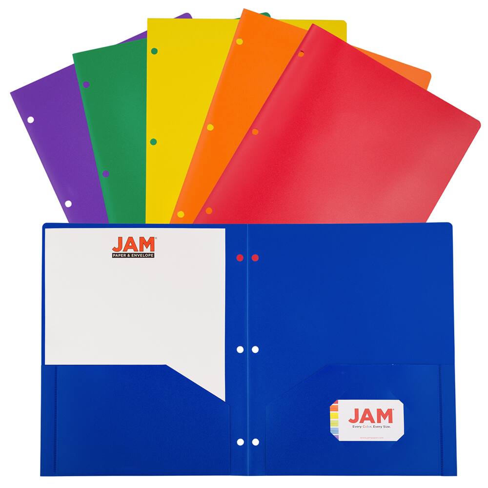 JAM Paper 9.5" x 11.5" Assorted Primary Colors Plastic 2 Pocket School POP Folders, 6ct.
