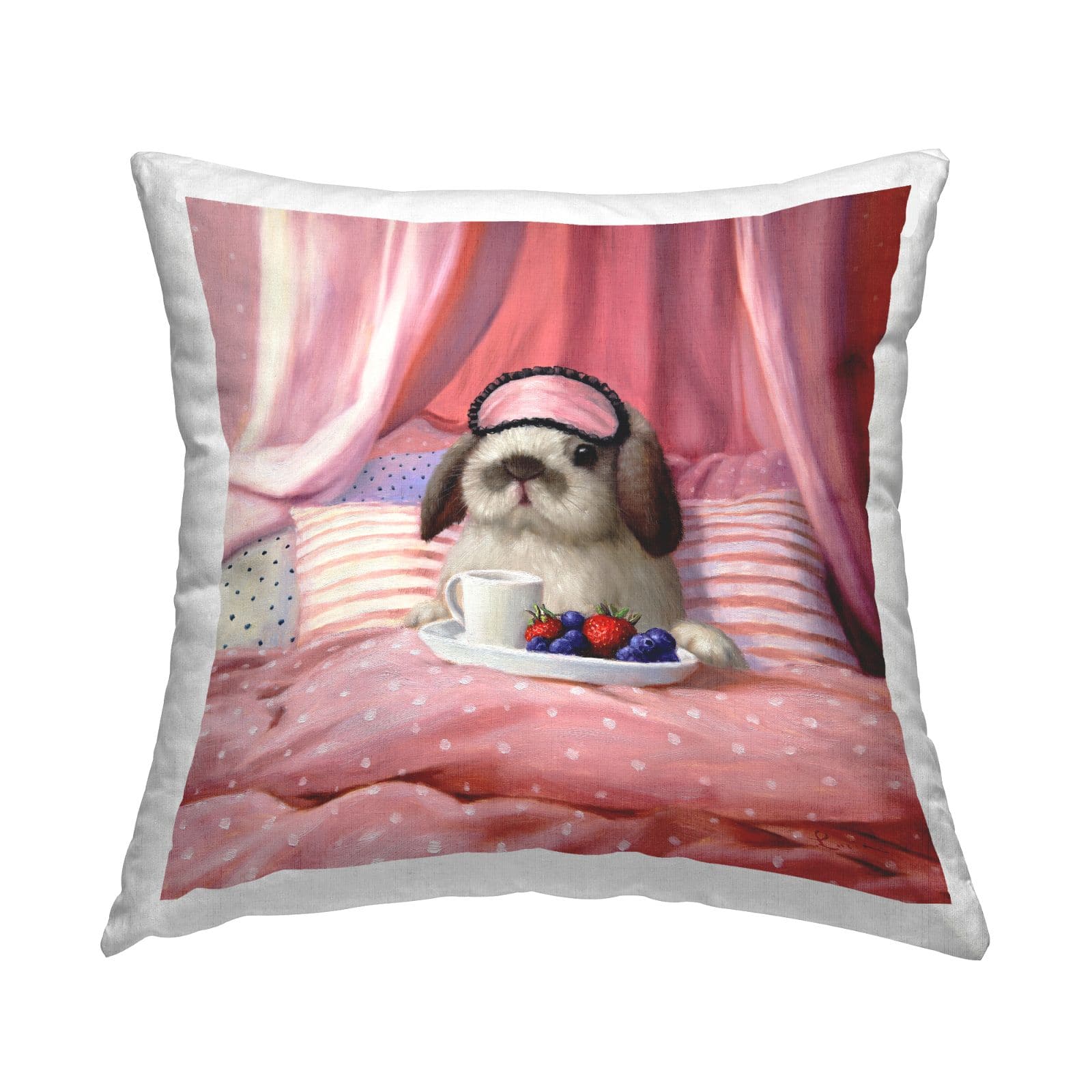 Stupell Industries  Adorable House Bunny Rabbit Breakfast In Bed Pink Throw Pillow 18" x 18"
