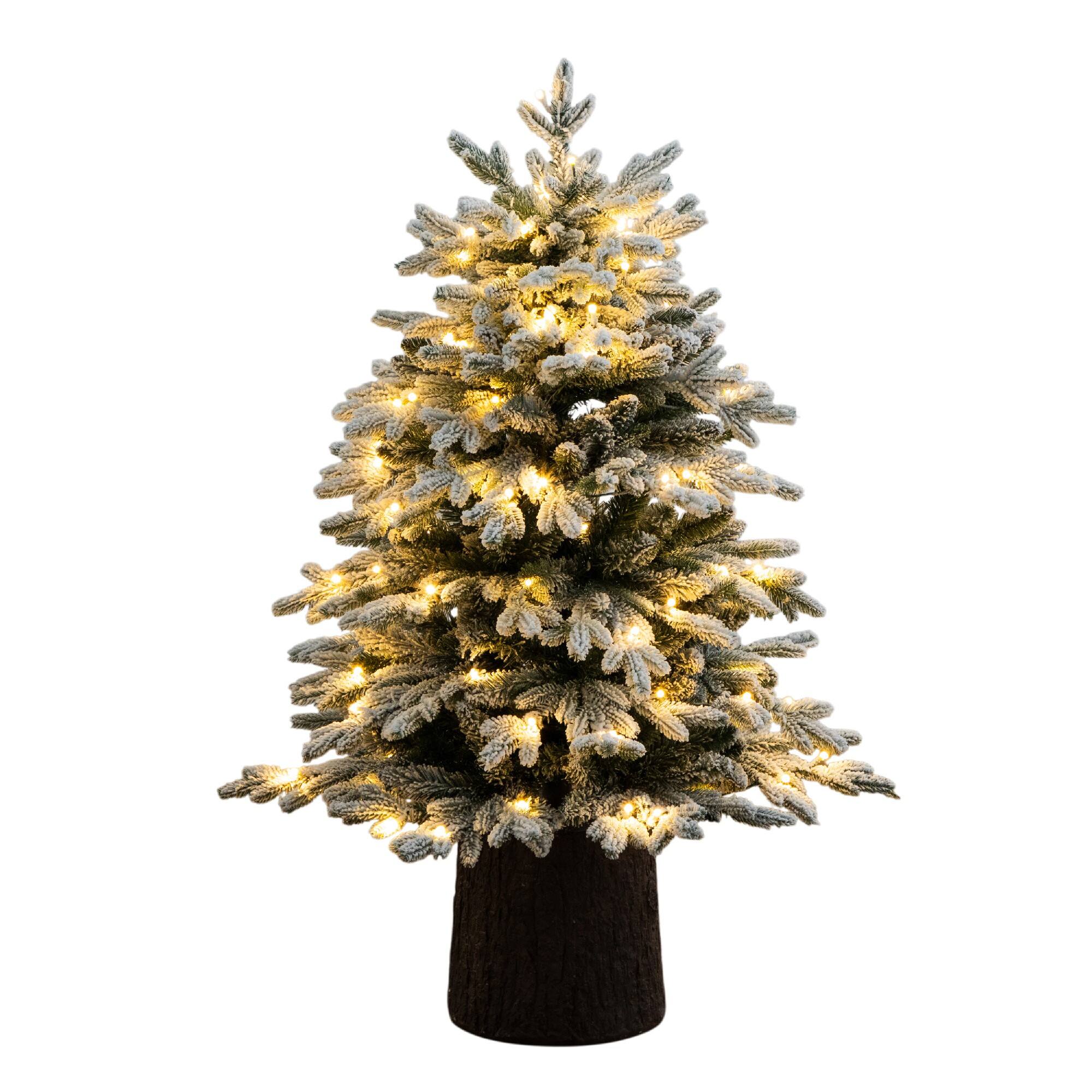 4ft. Pre-Lit Flocked Artificial Christmas Tree in Black Decorative Planter, Warm White LED Lights