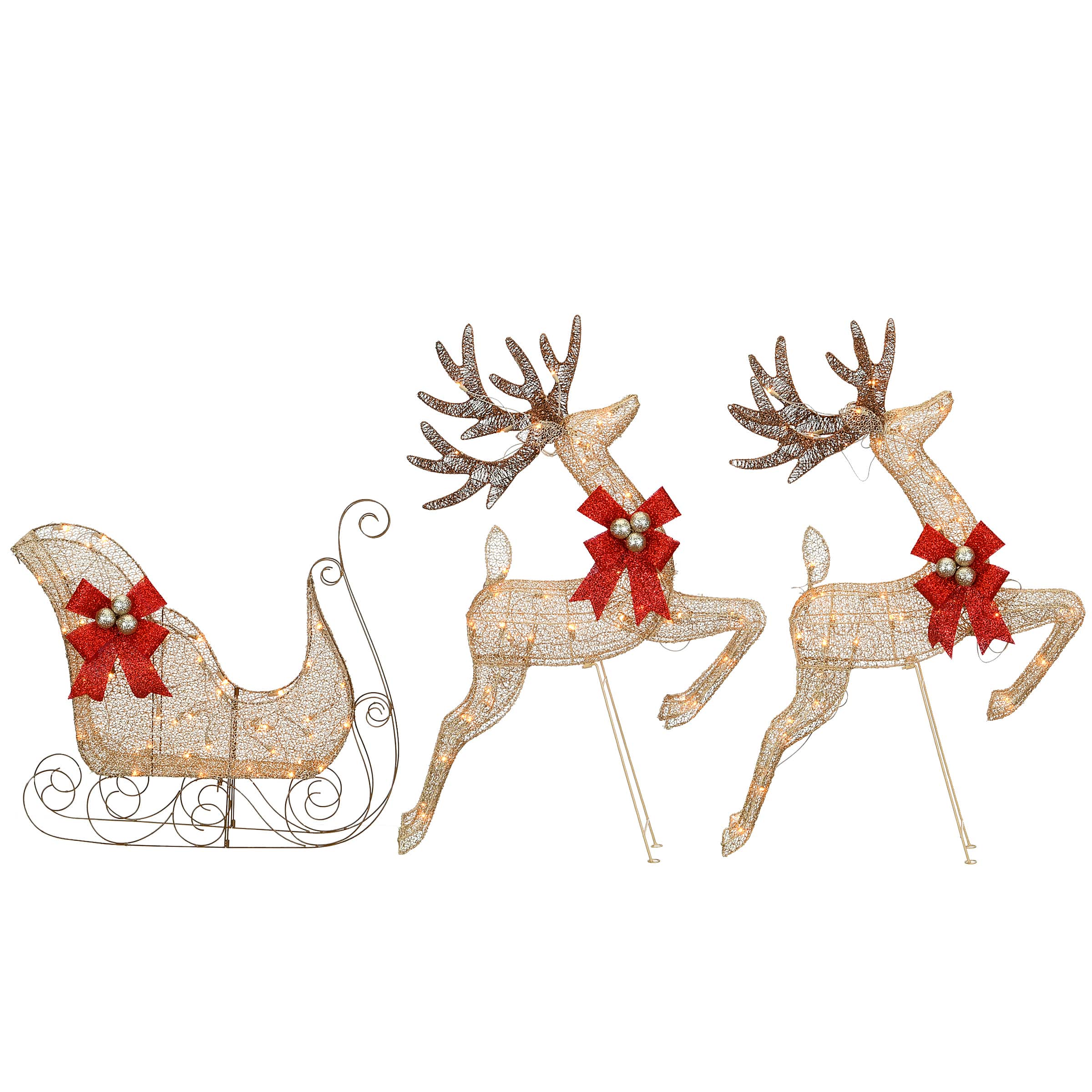 Champagne Reindeer and Sleigh with Clear Lights Decoration