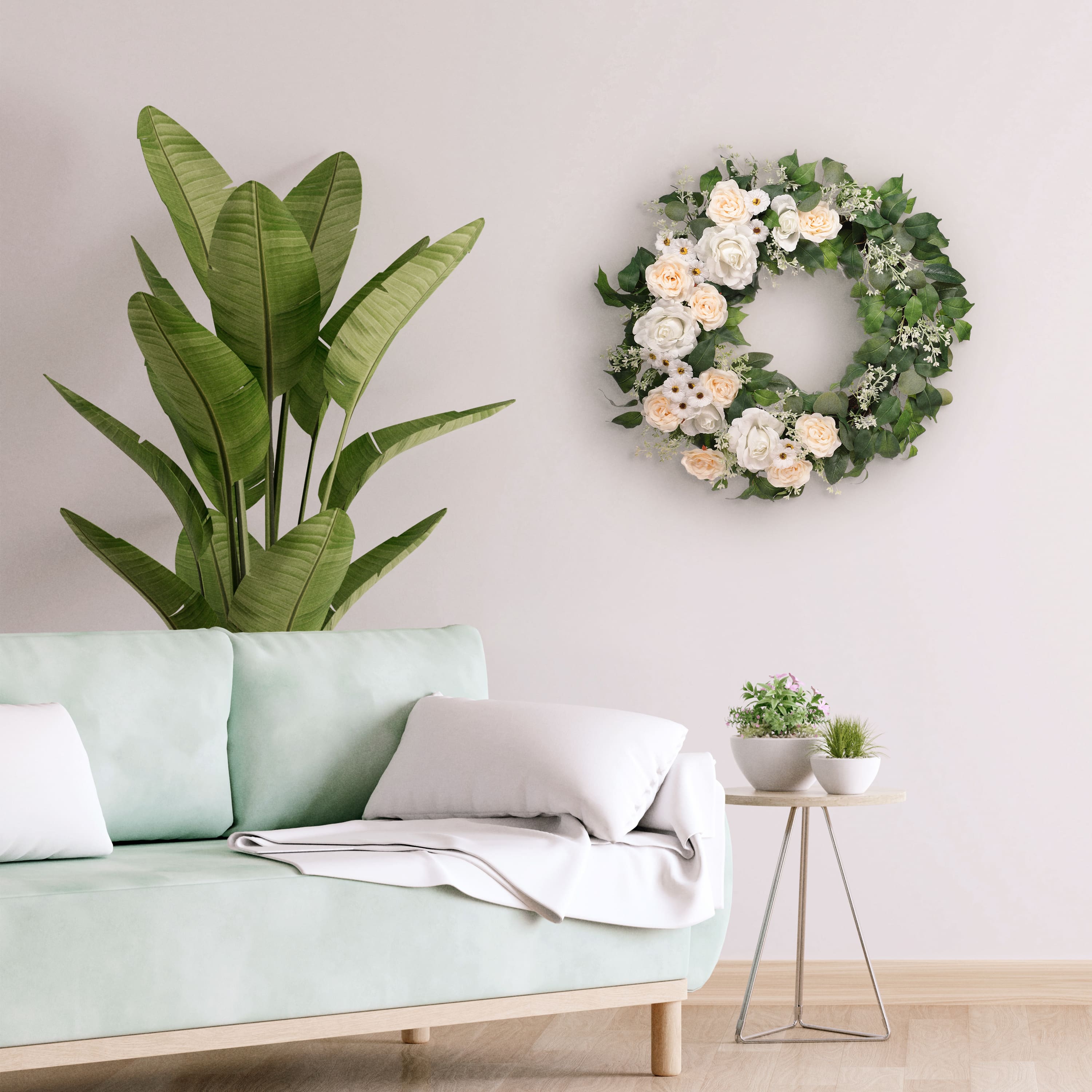 30" Spring Cream Rose, Baby's Breath & Camellia Wreath