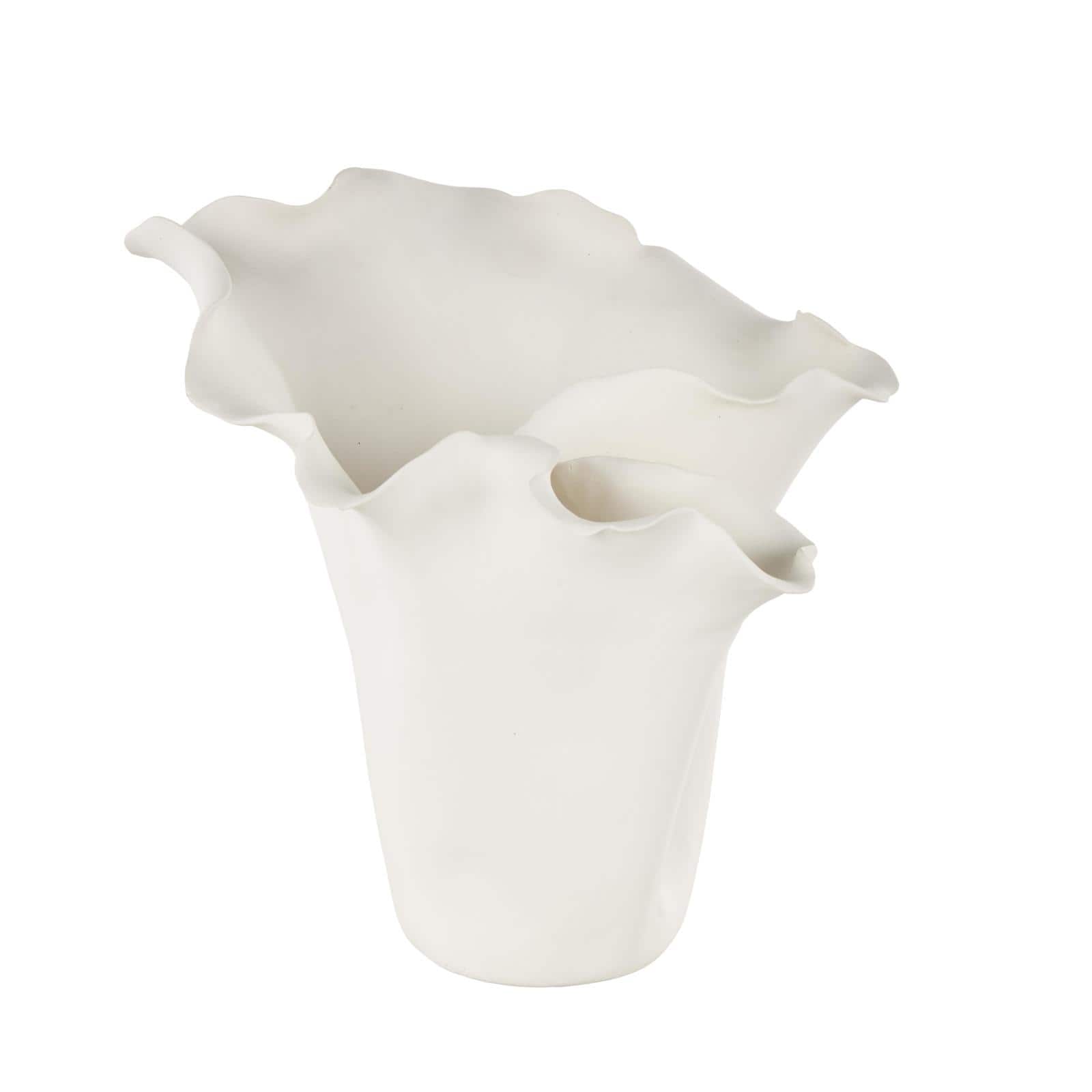 10.5" White Ceramic Abstract Floral Vase with Wavy Folded Rim