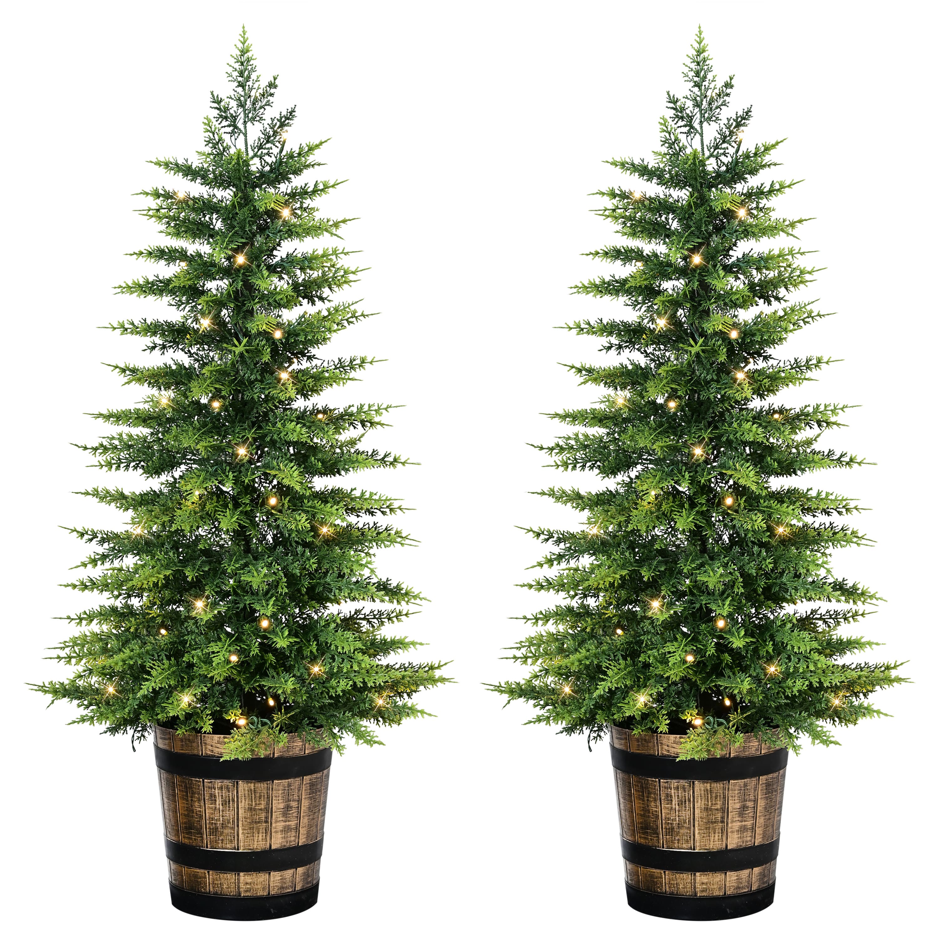 Puleo International 3.5ft. Pre-Lit Battery-Operated Artificial Christmas Trees with Whiskey Barrel Base, Warm White LED Lights, 2ct.
