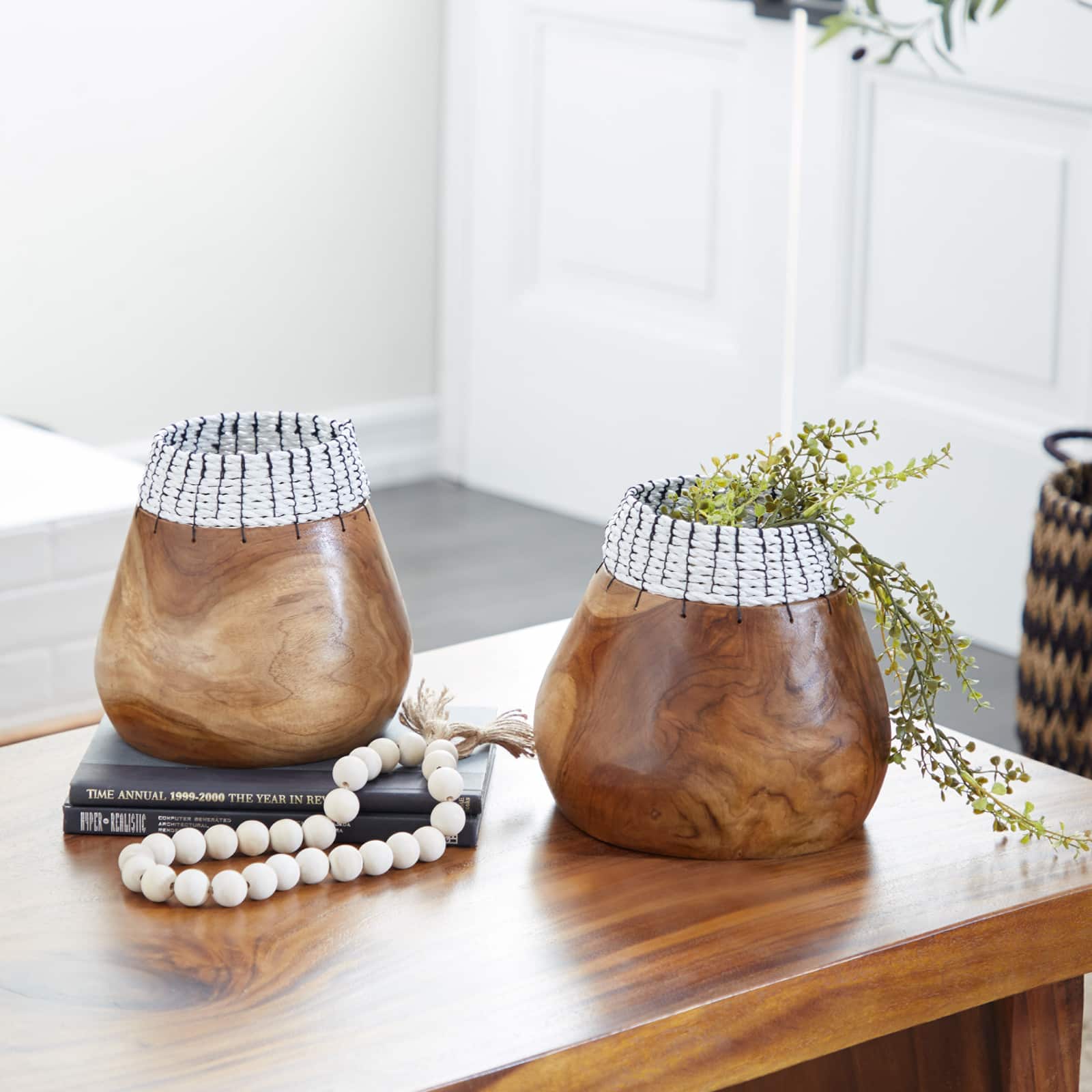 Set of 2" White Teak Wood Natural Decorative Bowls 9", 9"