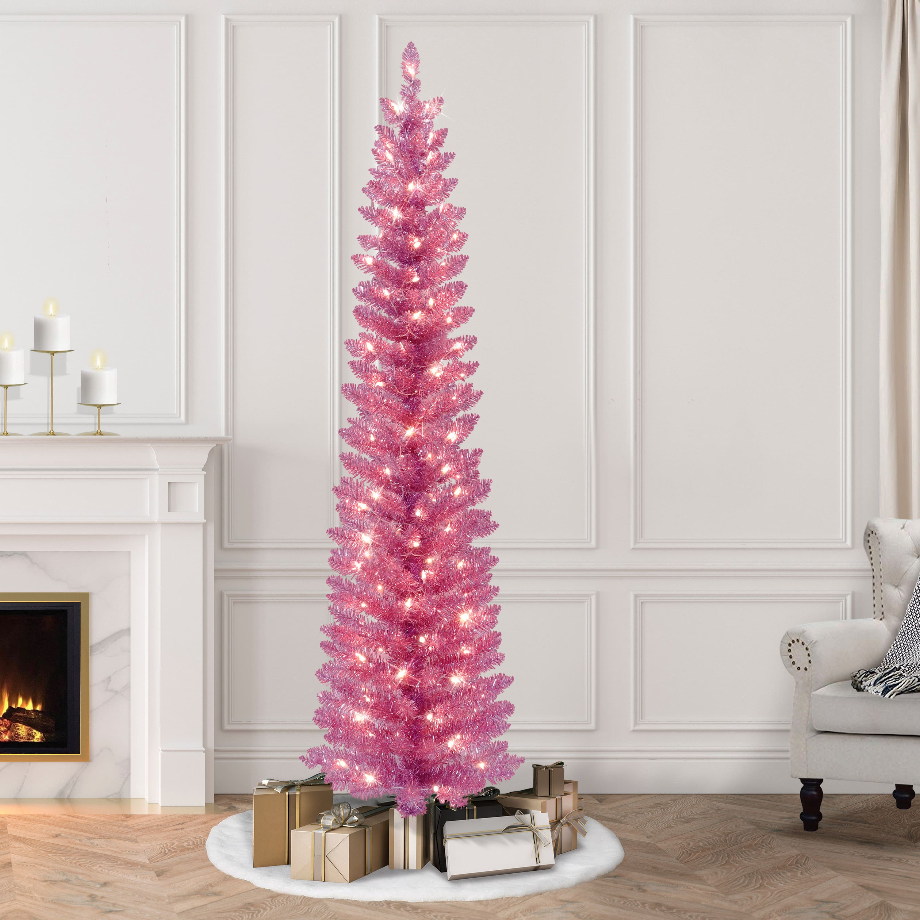 7ft. Pre-Lit Pink Tinsel Artificial Christmas Tree, Clear Lights