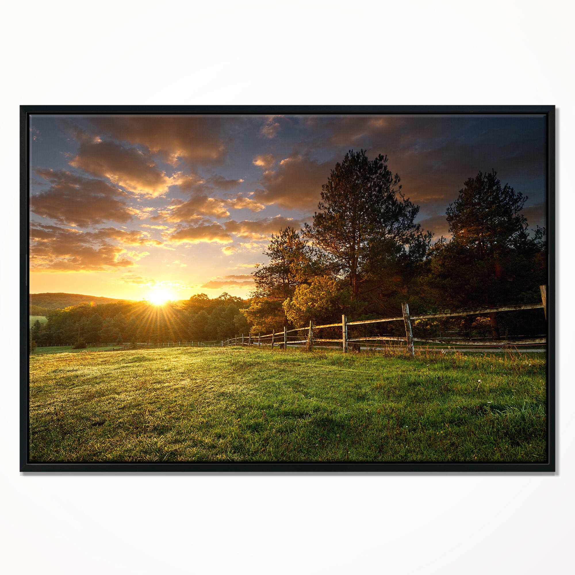 Designart - Fenced Ranch at Sunrise - Landscape Framed Canvas Art Print