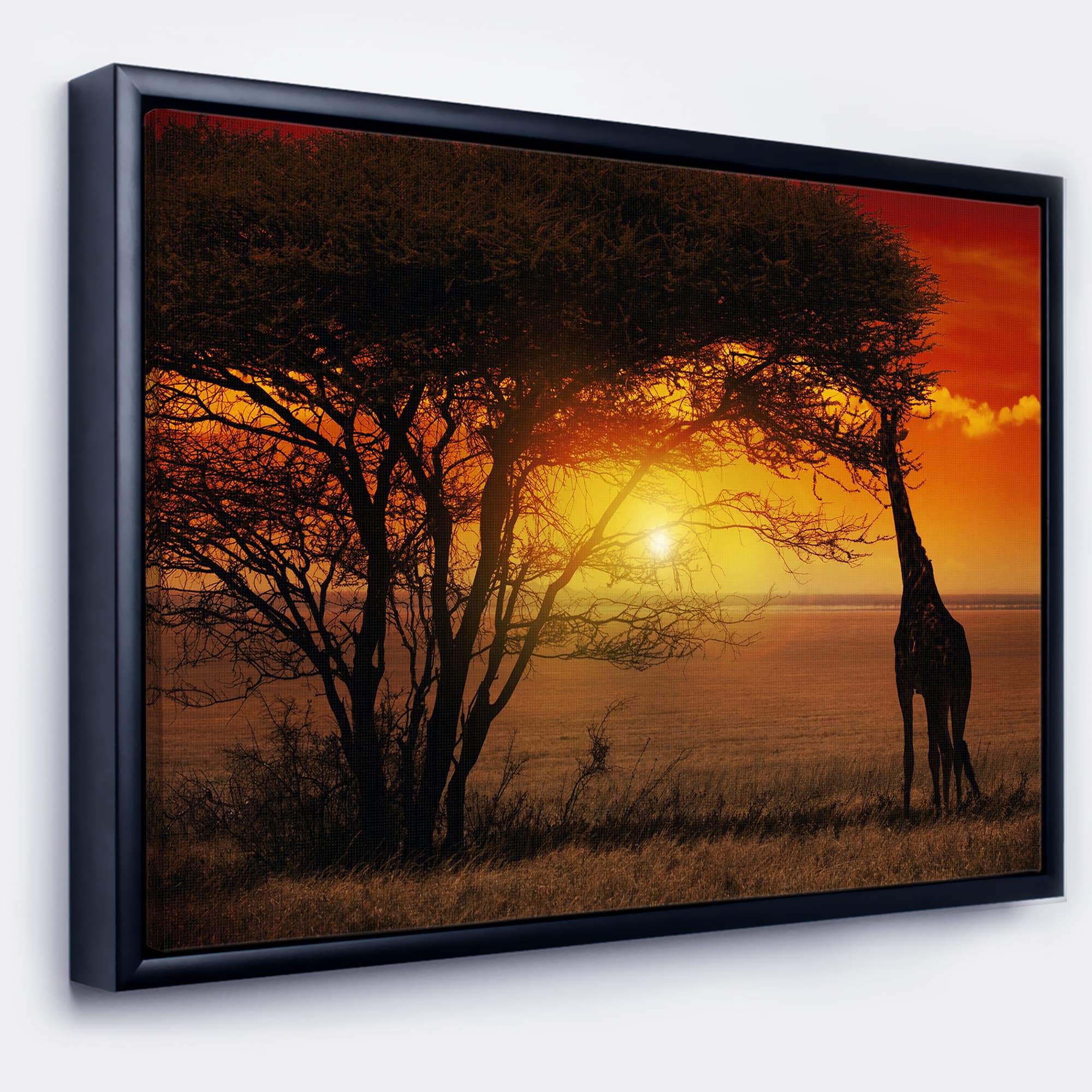 Designart - Typical African Sunset with Giraffe - Oversized African Landscape Framed Canvas Art