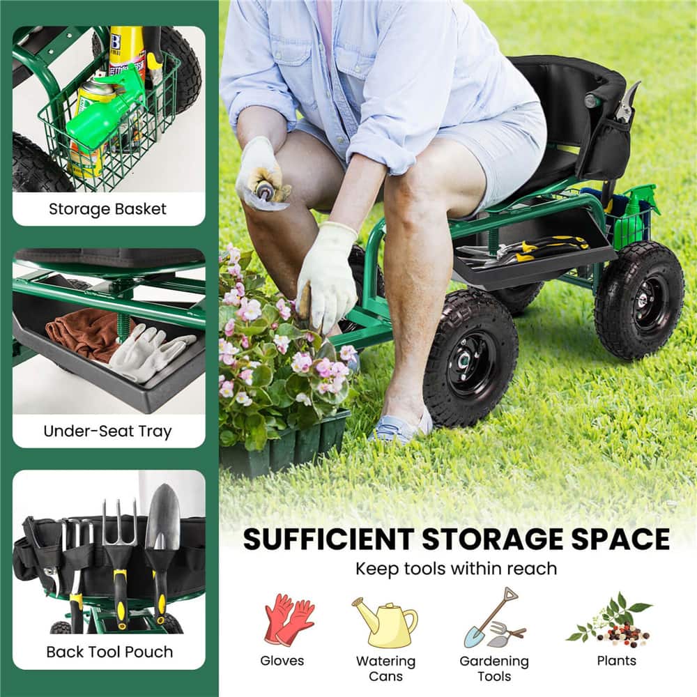 Costway Height-Adjustable Rolling Garden Cart Scooter with Swivel Seat, Tool Tray & Storage Basket