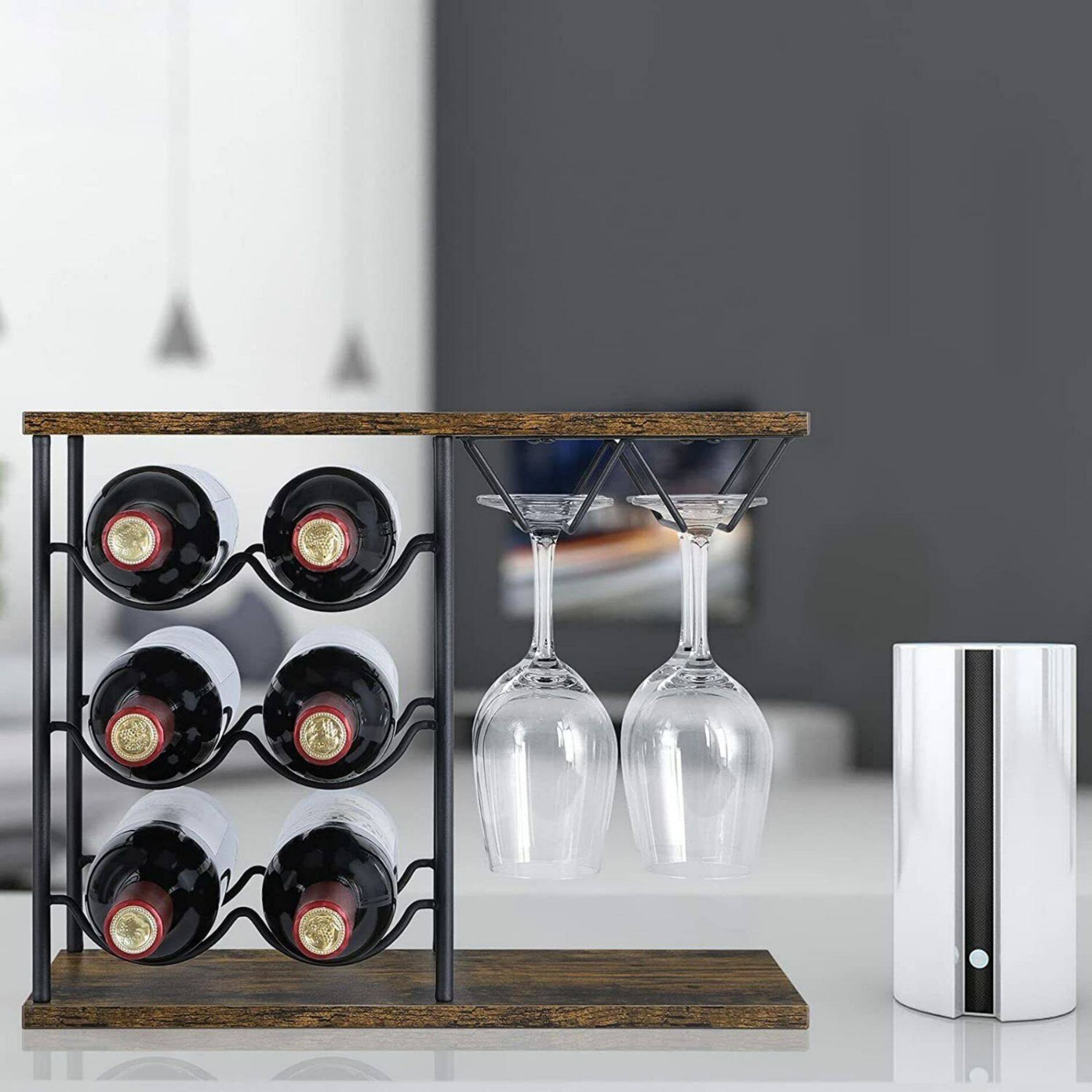 NEX™ 16.5" Dark Brown Countertop Wine Bottle & Glass Rack