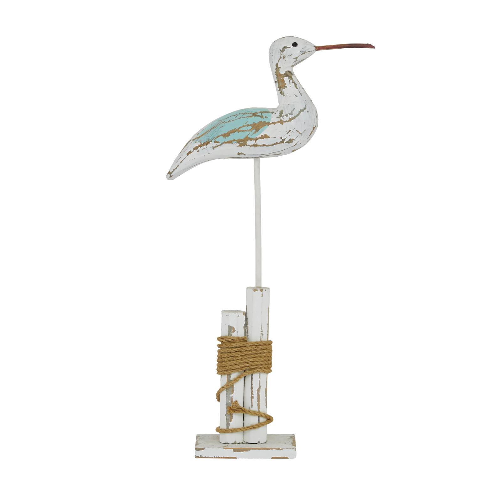 Coastal White Wood and Jute Seabird Sculpture, 21" x 12" x 3"