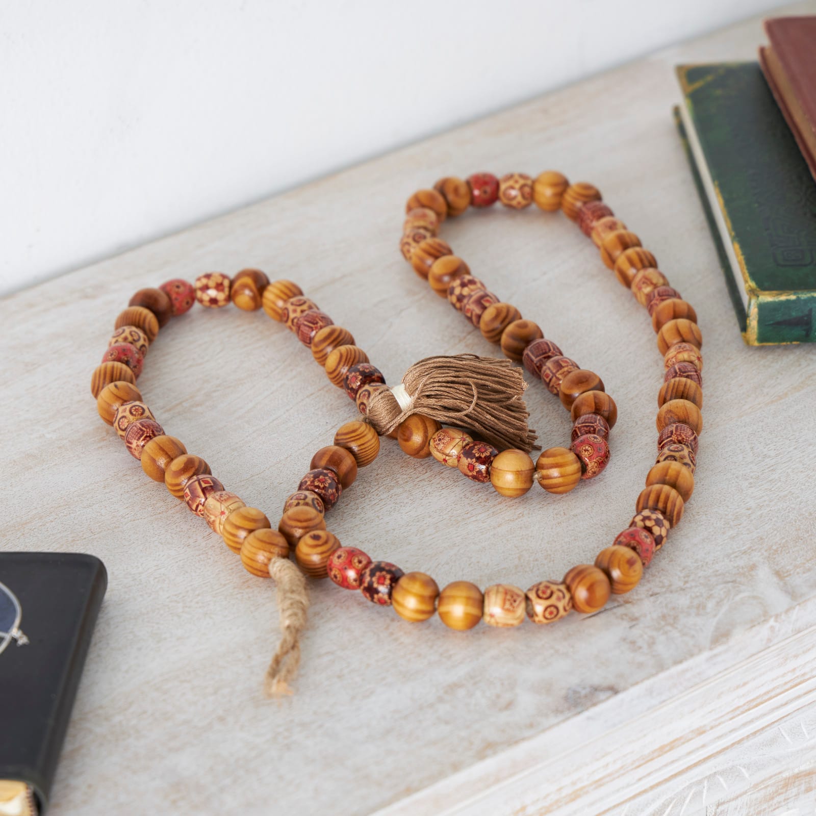 5ft. Wood Handmade Long Beaded Garland with Tassel with Bohemian Patterns